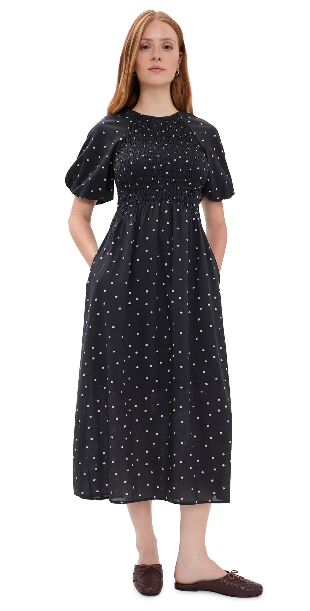 Marine Layer Gigi Smocked Dress Navy Polka Dot
