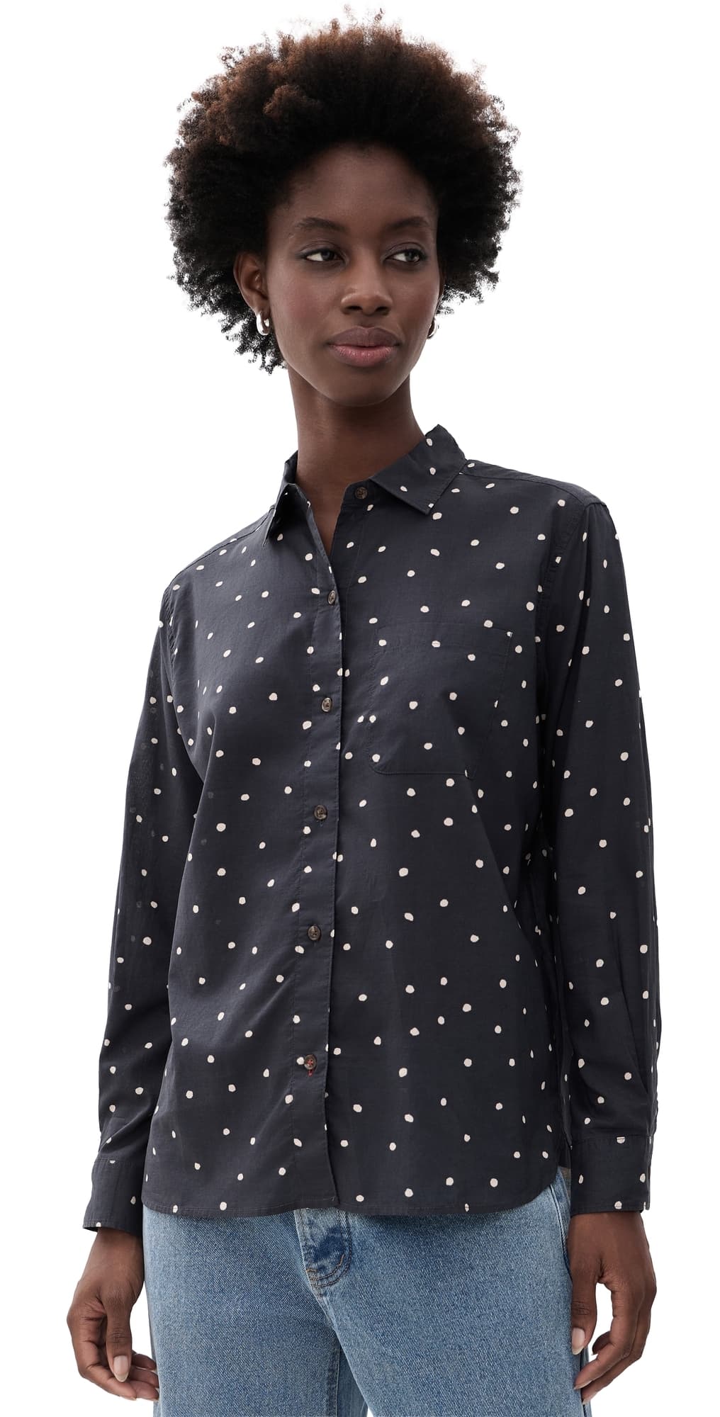 Marine Layer Jane Relaxed Button Down Shirt Navy Polka Dot