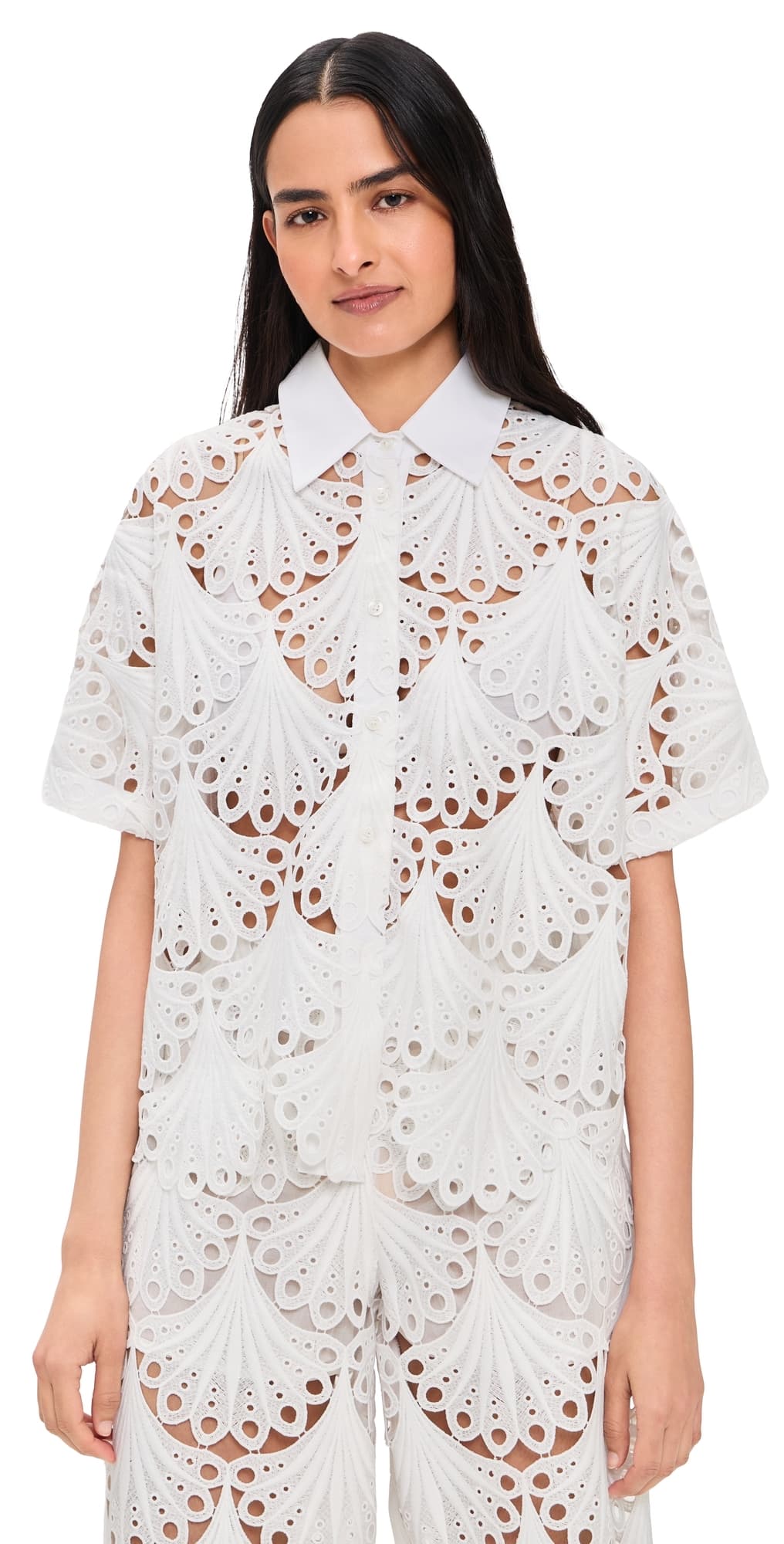 MEIMEIJ Short Sleeve Button Down Lace Top Latte