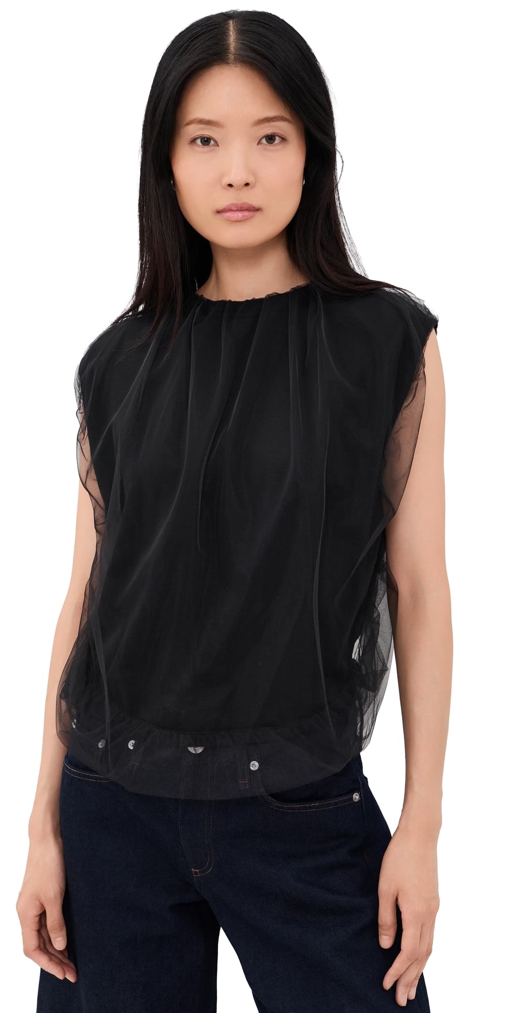 MEIMEIJ Sleeveless Tulle Jewel Neck Top Nero