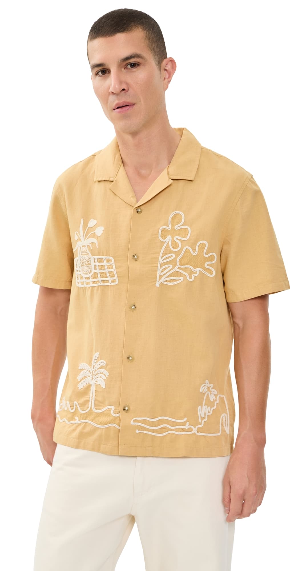 Marine Layer Embroidered Resort Button Down Shirt Mustard