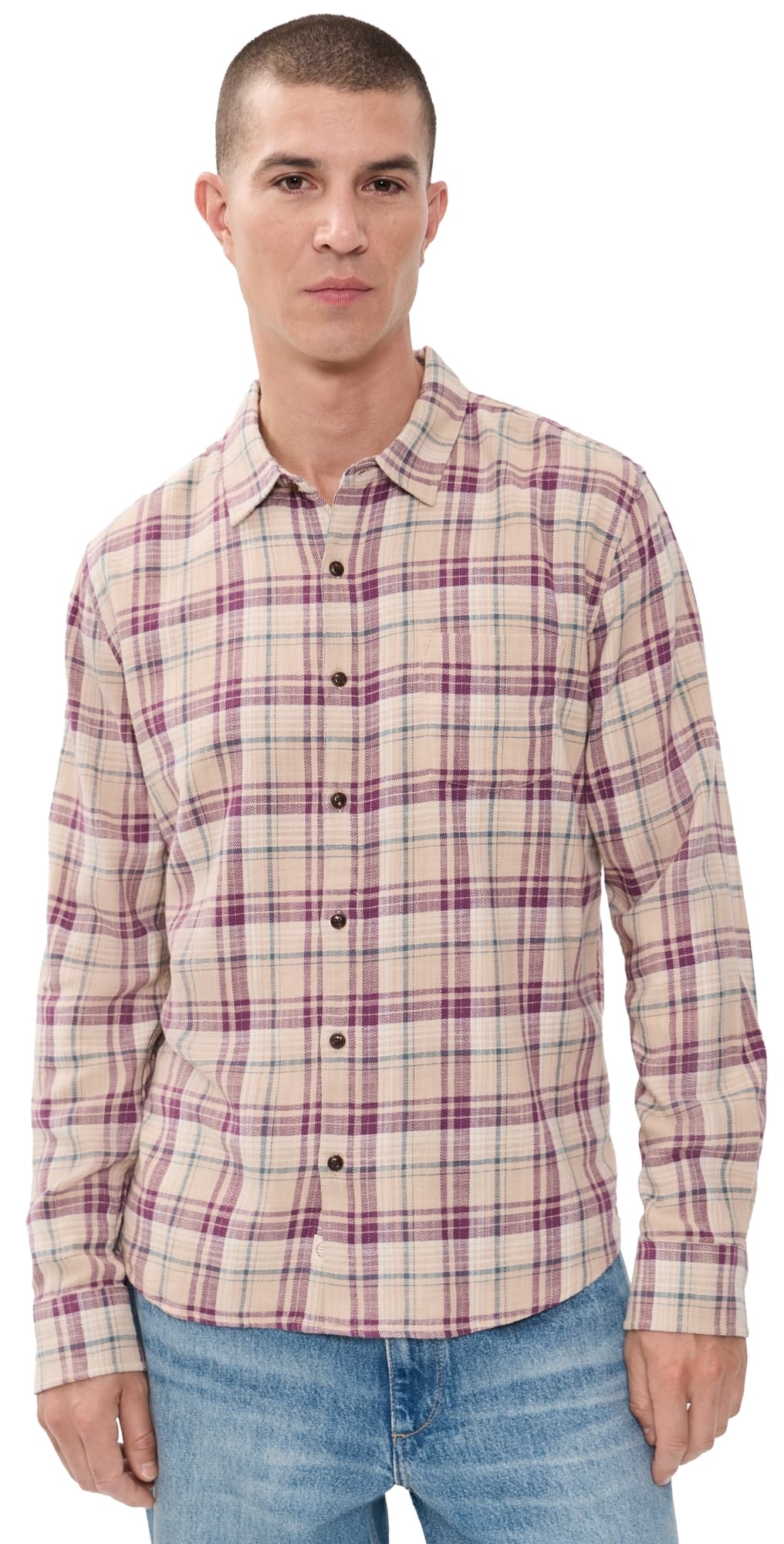 Marine Layer Classic Stretch Selvage Shirt Green/Purple Multi Plaid