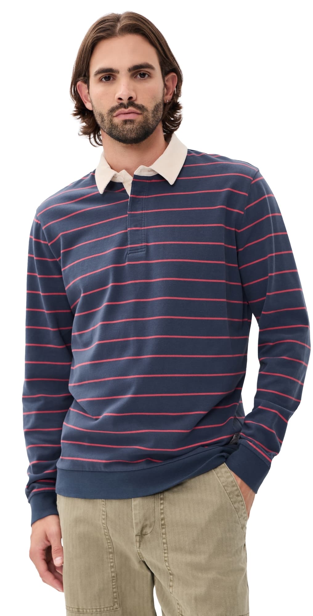 Marine Layer Sueded Rugby Polo Navy/Red Stripe