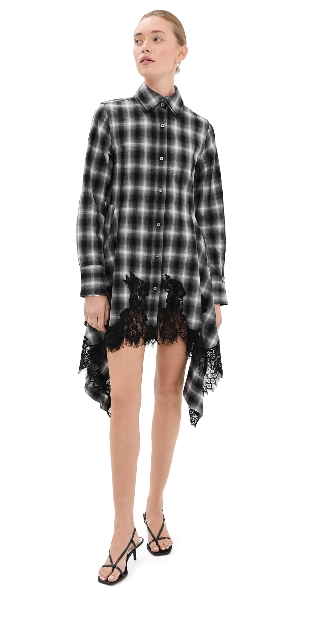 Monse Cascade Front Lace Hem Shirt Dress Black multi