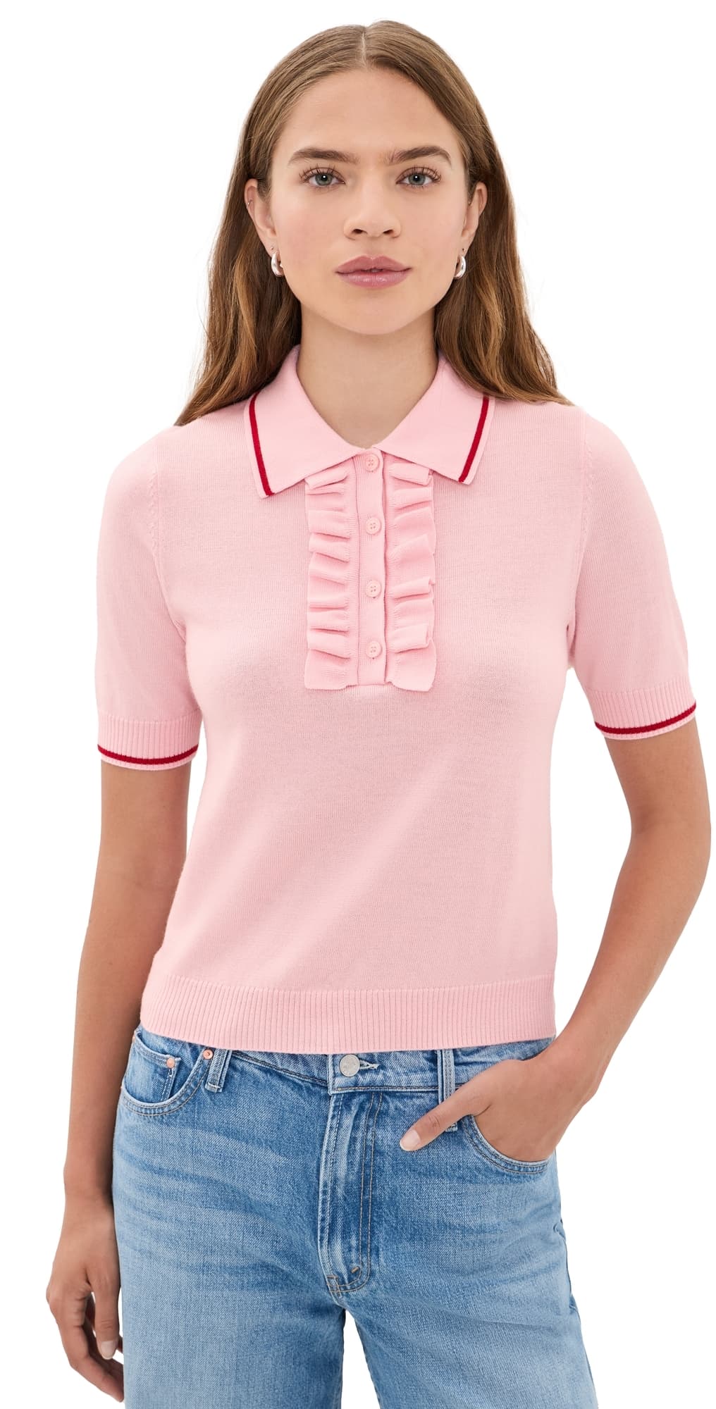 MOTHER The Ruffle Raquette Polo Jer Pink And Red