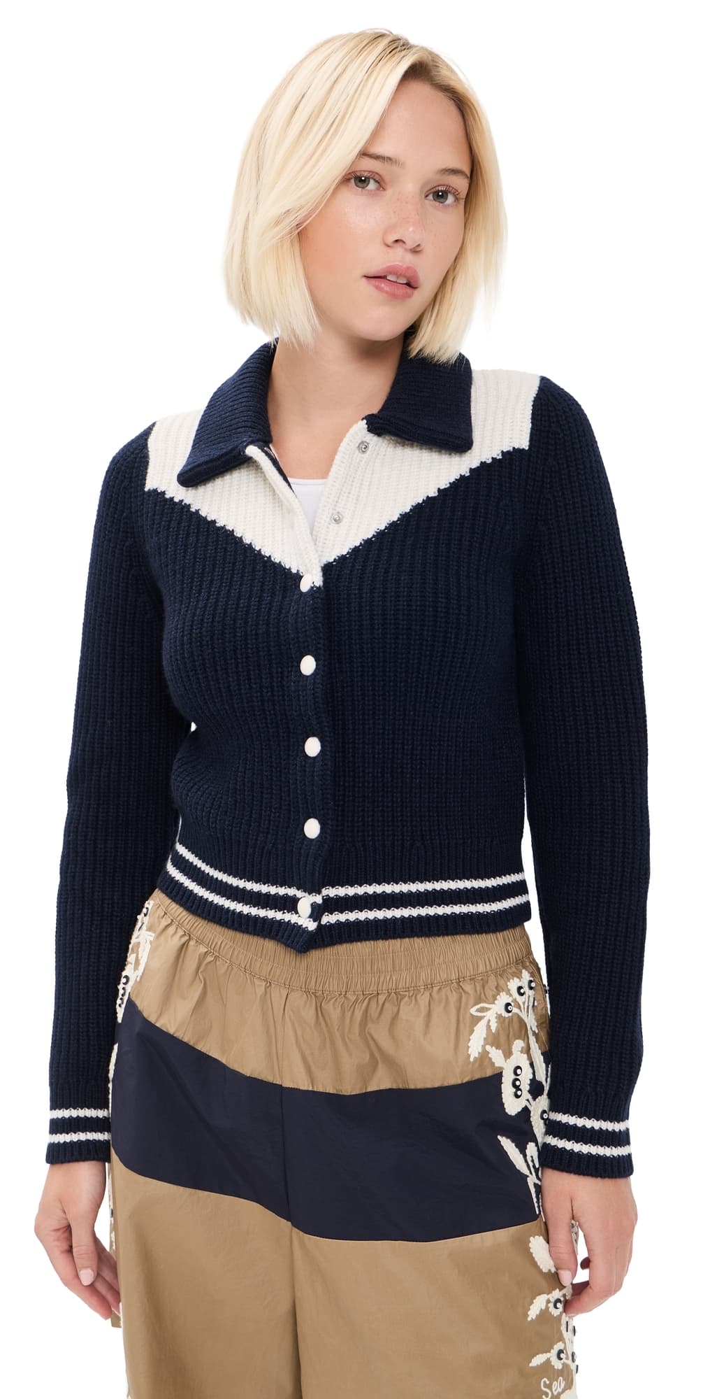 MOTHER The Baby Raquette Cardigan Navy And Ivory