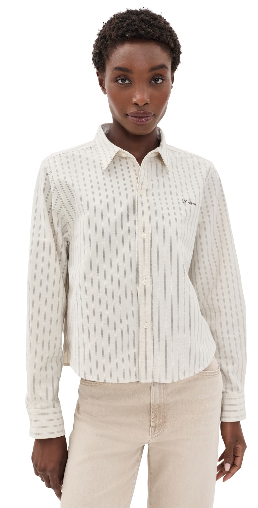 MOTHER The Cropped Bestie Button Down Shirt Cream and Black Stripe