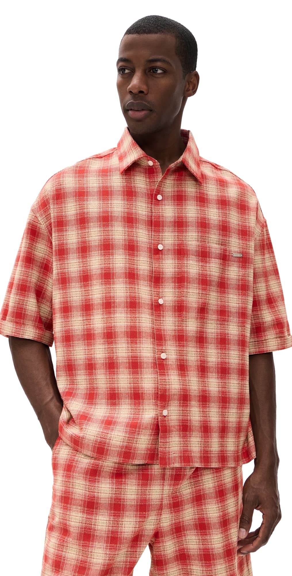 Nahmias Plaid Cropped Short Sleeve Shirt Cherry Plaid Flannel