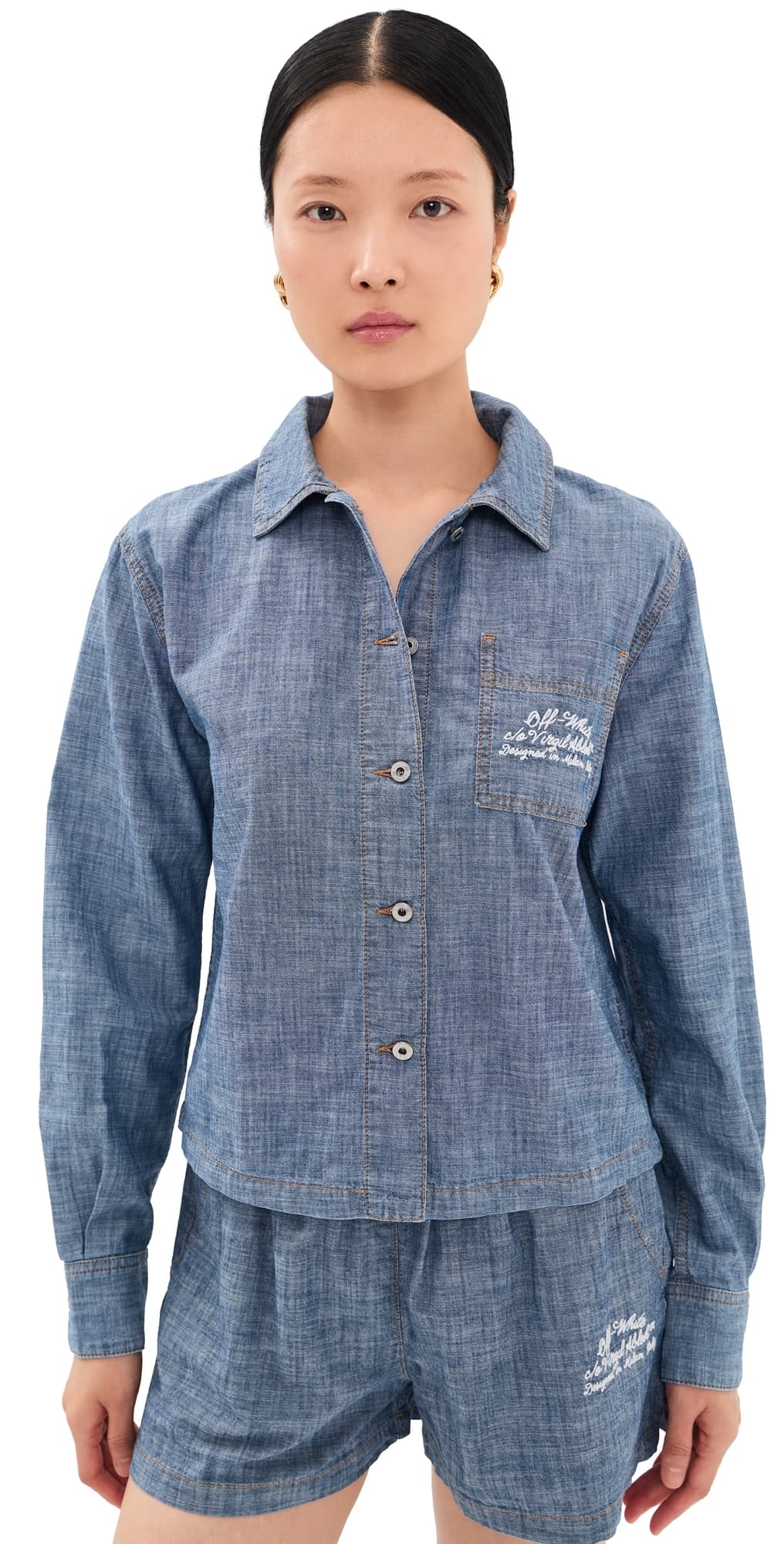Off-White Chambray Denim Pajama Shirt Dark Blue