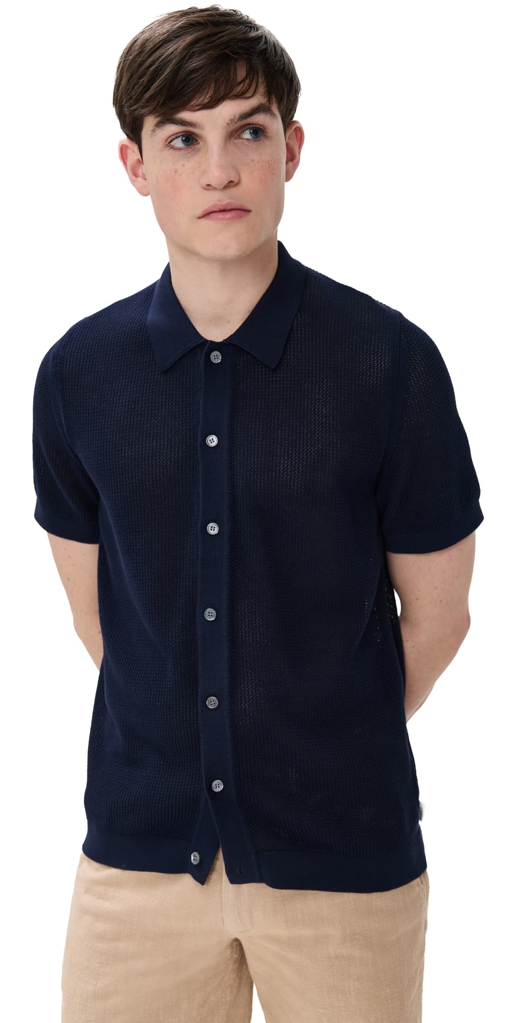 Onia Crochet Knit Button Up Deep Navy