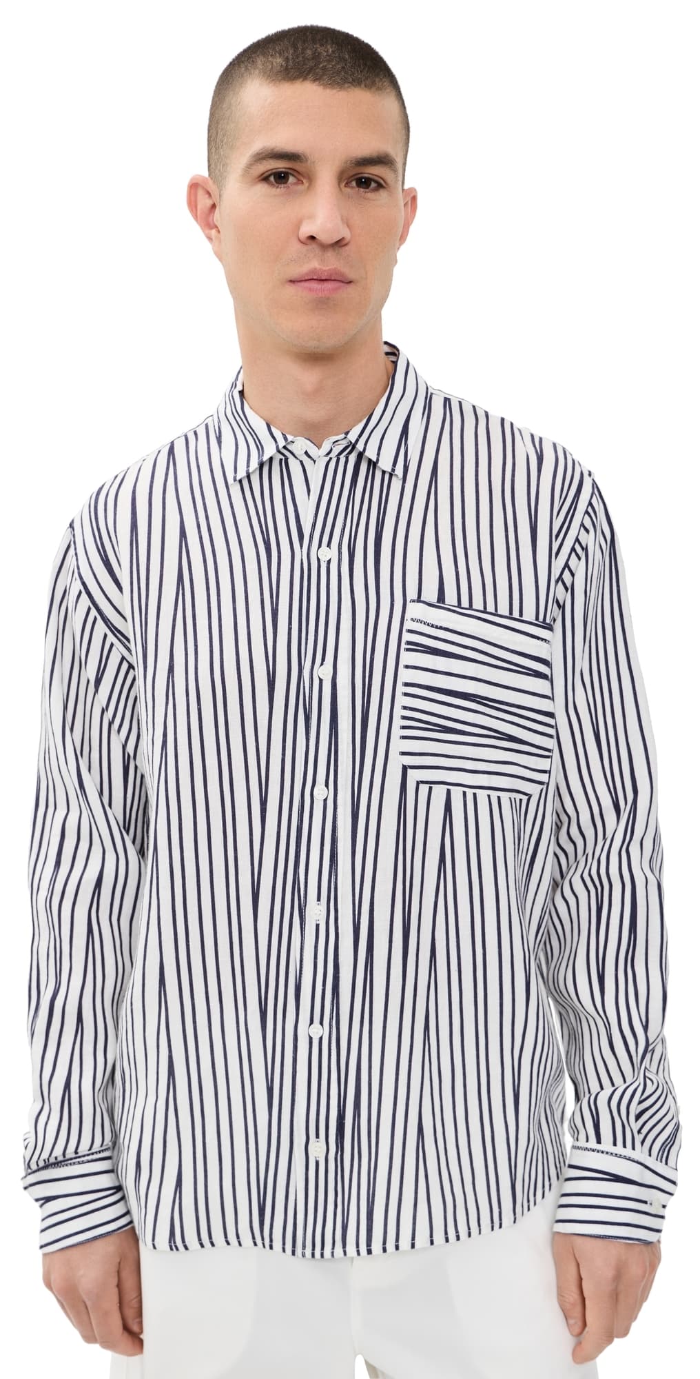 Orlebar Brown Grasmoor Linen Crossover Stripe Shirt White Sand/Night Iris