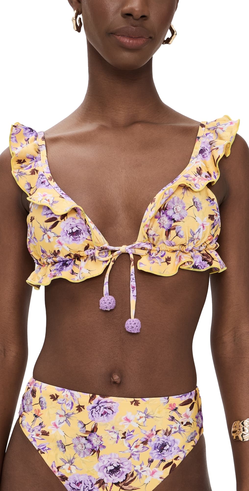 PatBO Peony Print Lycra Ruffle Bikini Top Yellow