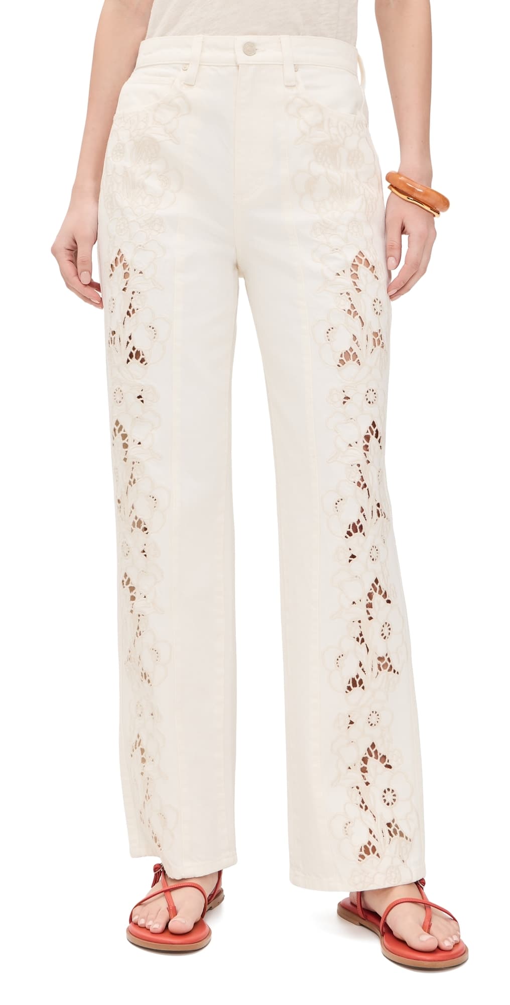 PAIGE Sawyer Wide Leg Jeans Tonal Ecru Embroidered