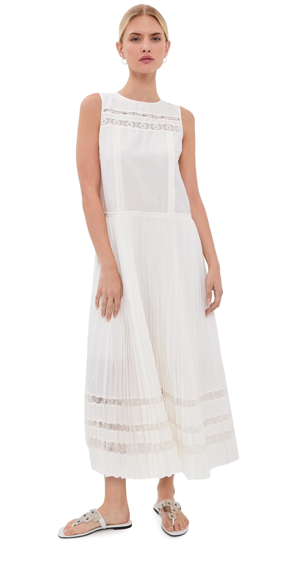 3.1 Phillip Lim Pleated A-Line Lace Midi Dress White