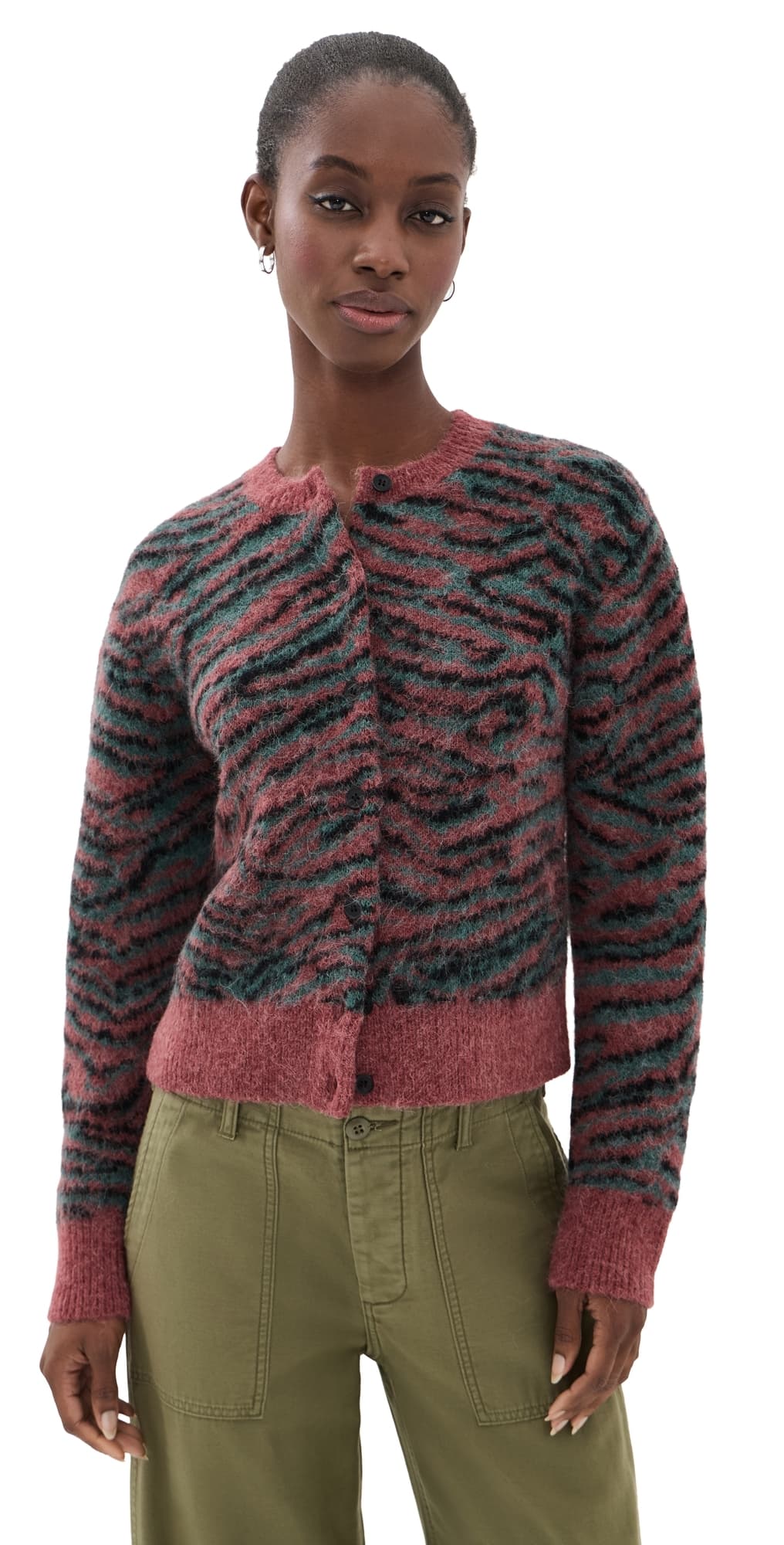 3.1 Phillip Lim Tiger Print Crew Neck Cardigan Sable Multi