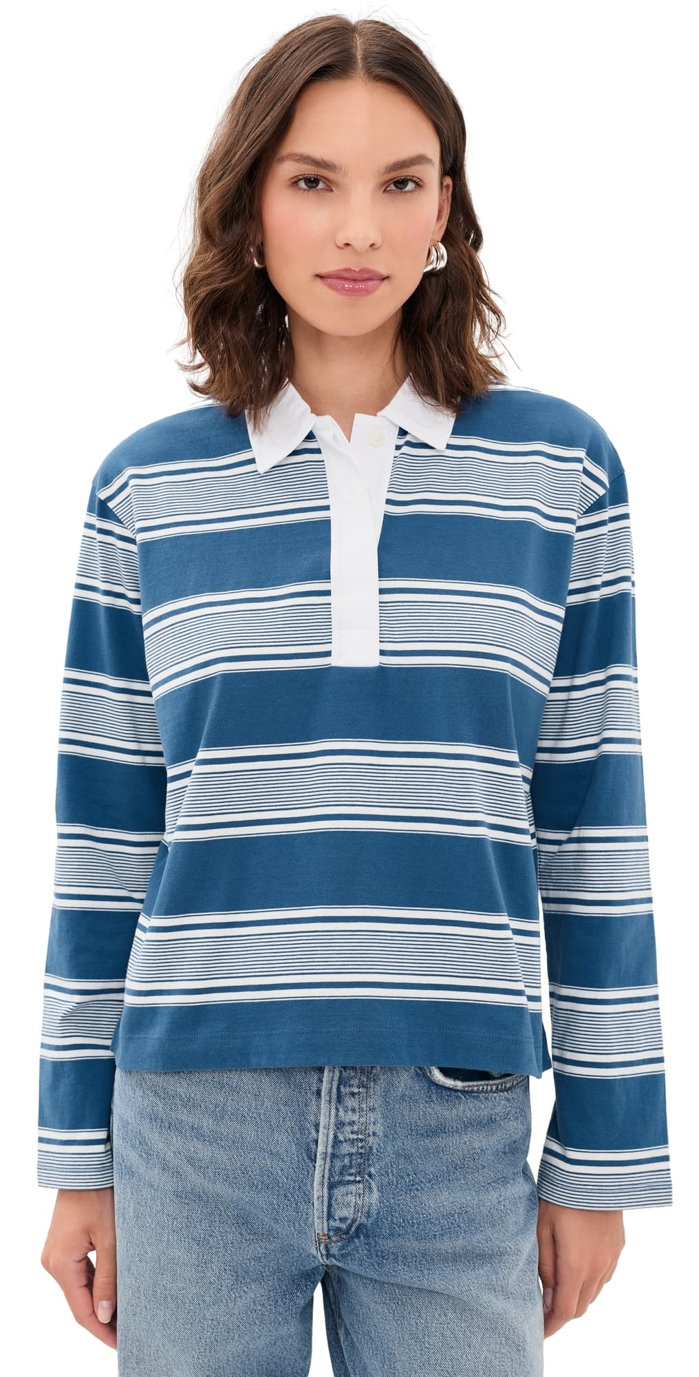 rag & bone Kelly Stripe Long Sleeve Polo Blue Multi
