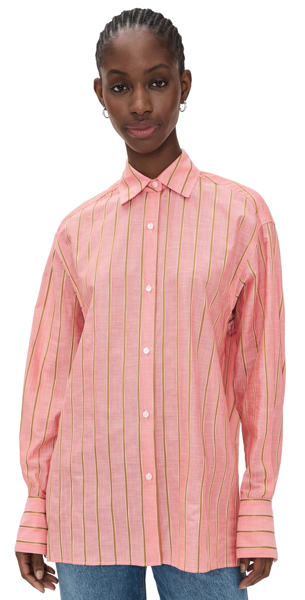 Renggli Stripe Boxy Long Sleeve Button Up Shirt Hibiscus/Bronze