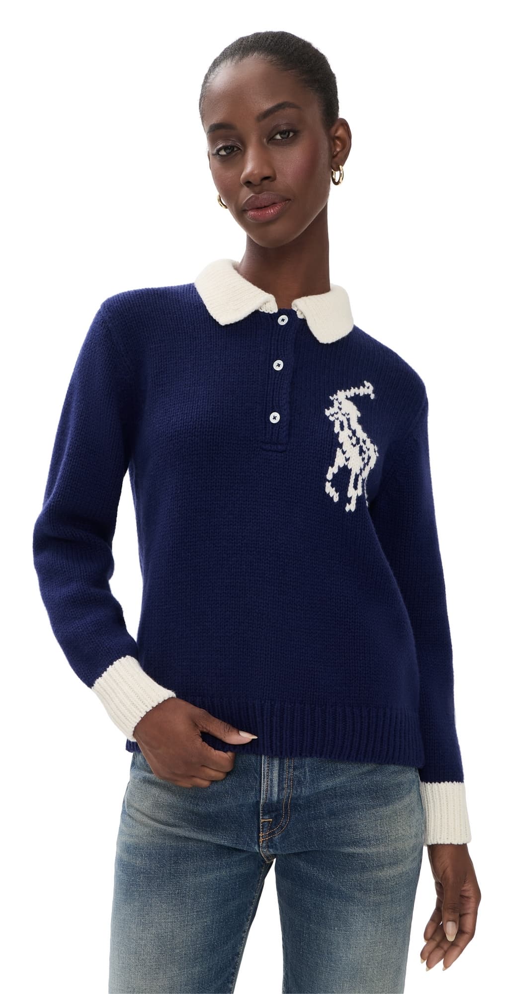 Polo Ralph Lauren Wool Long Sleeve Polo Pullover Royal/Cream