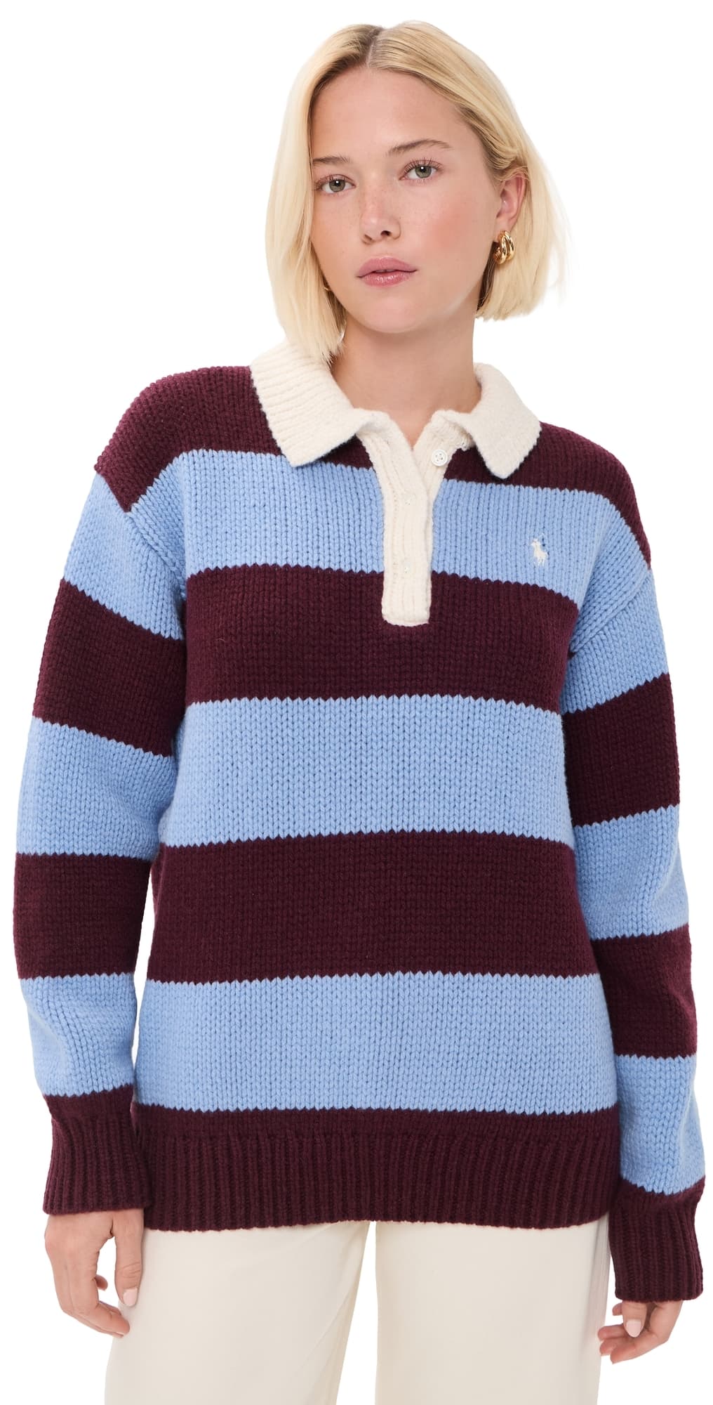 Polo Ralph Lauren Wool Striped Polo Sweater Harvardwne/Nwlitchblue