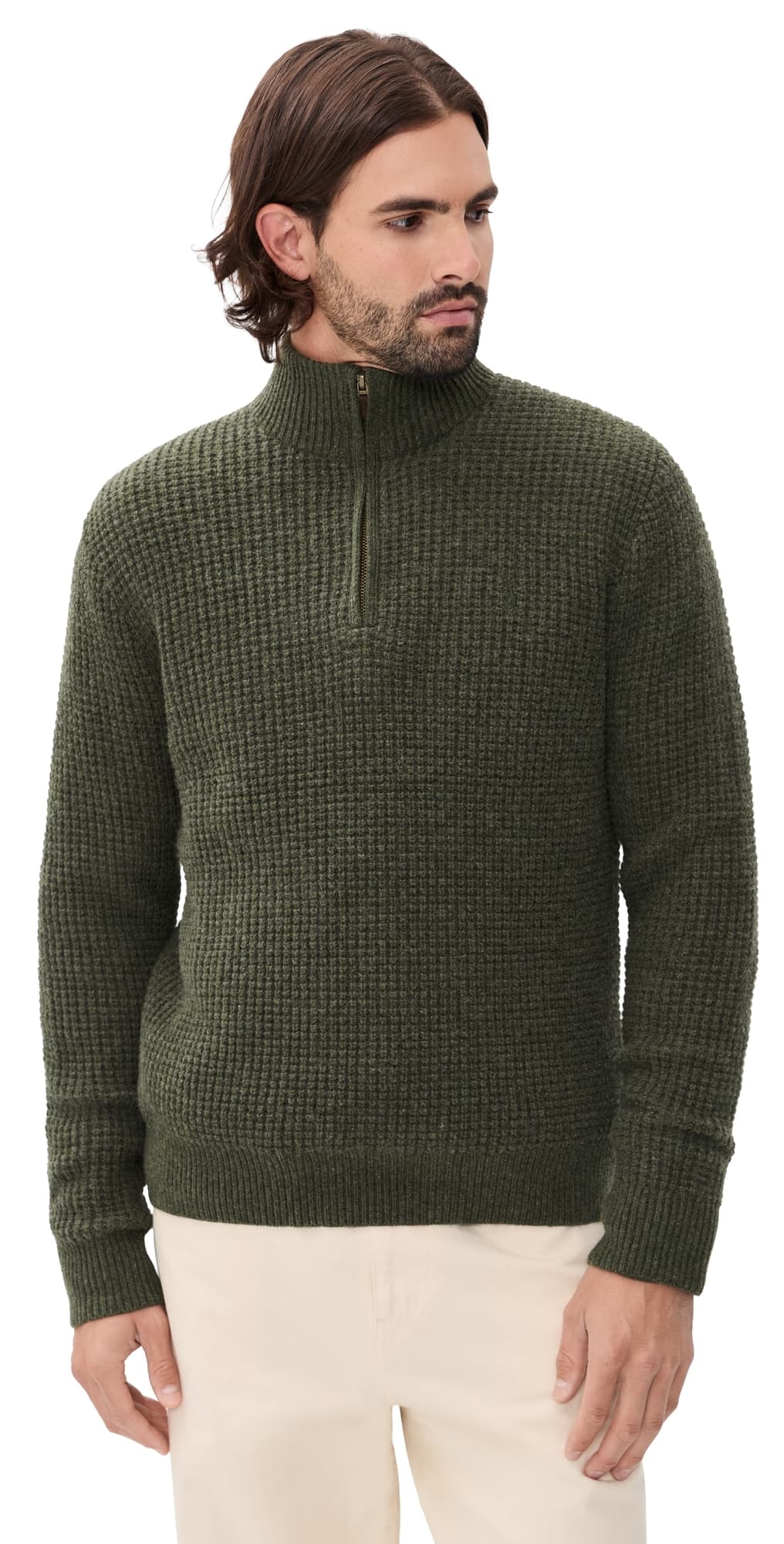 Polo Ralph Lauren Waffle Knit Quarter Zip Sweater Olive Shrub Heather