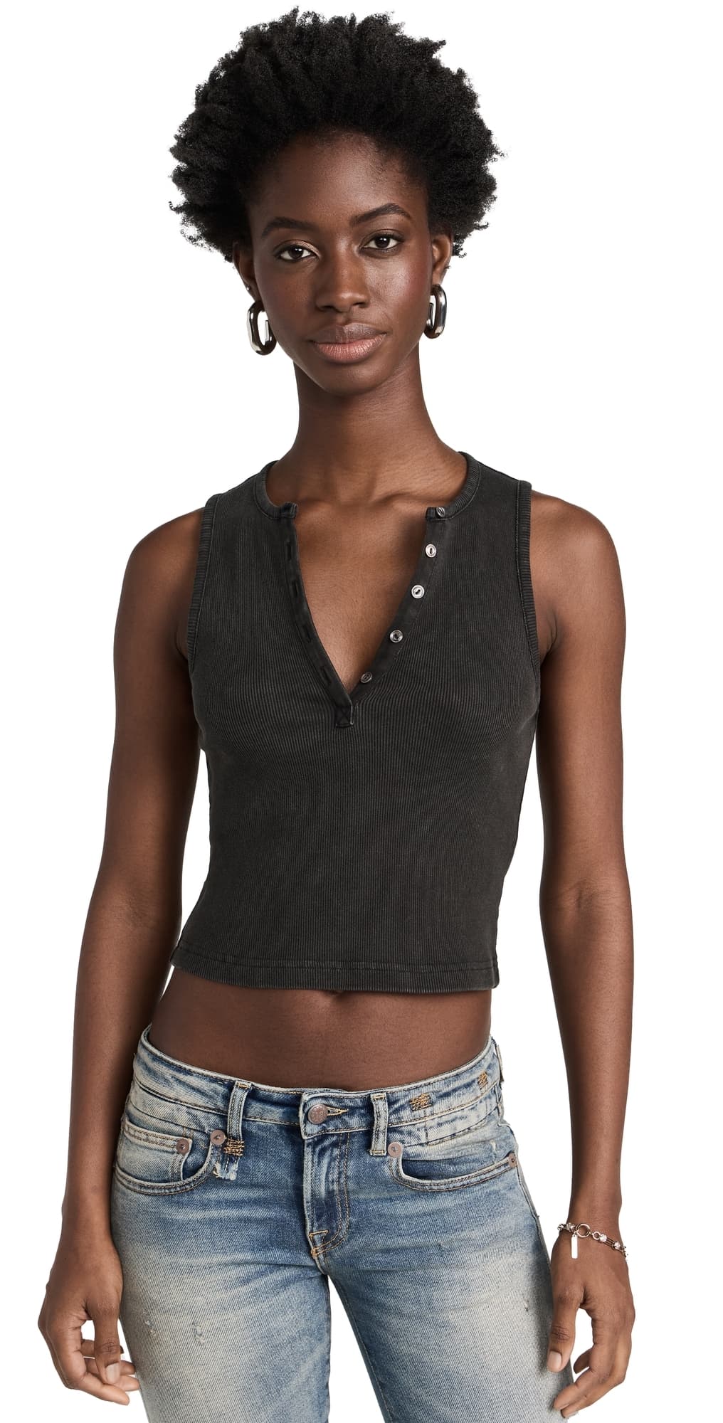 R13 Henley Tank Washed Black