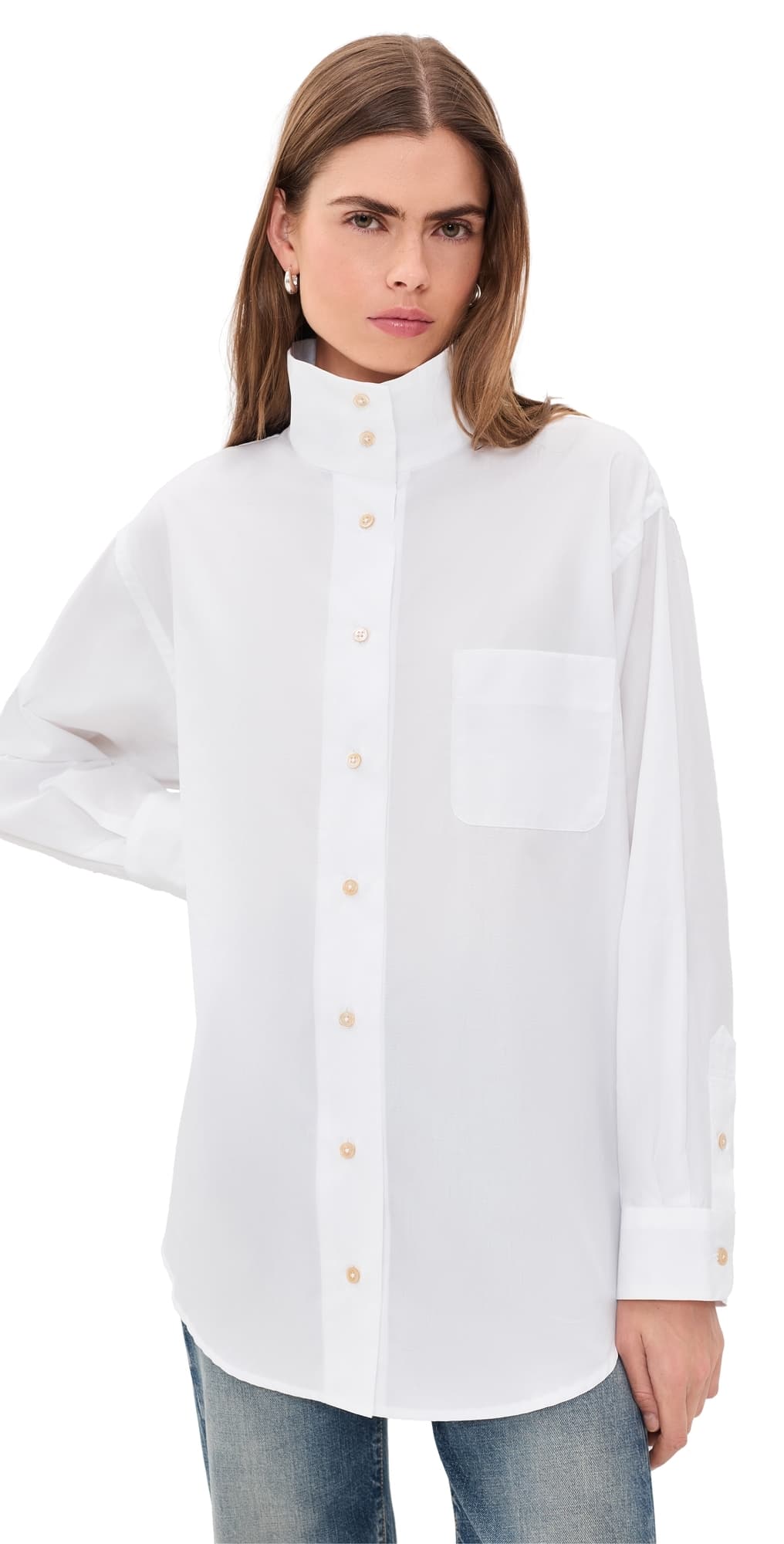 R13 Tall Collar Boyfriend Button Up Shirt White