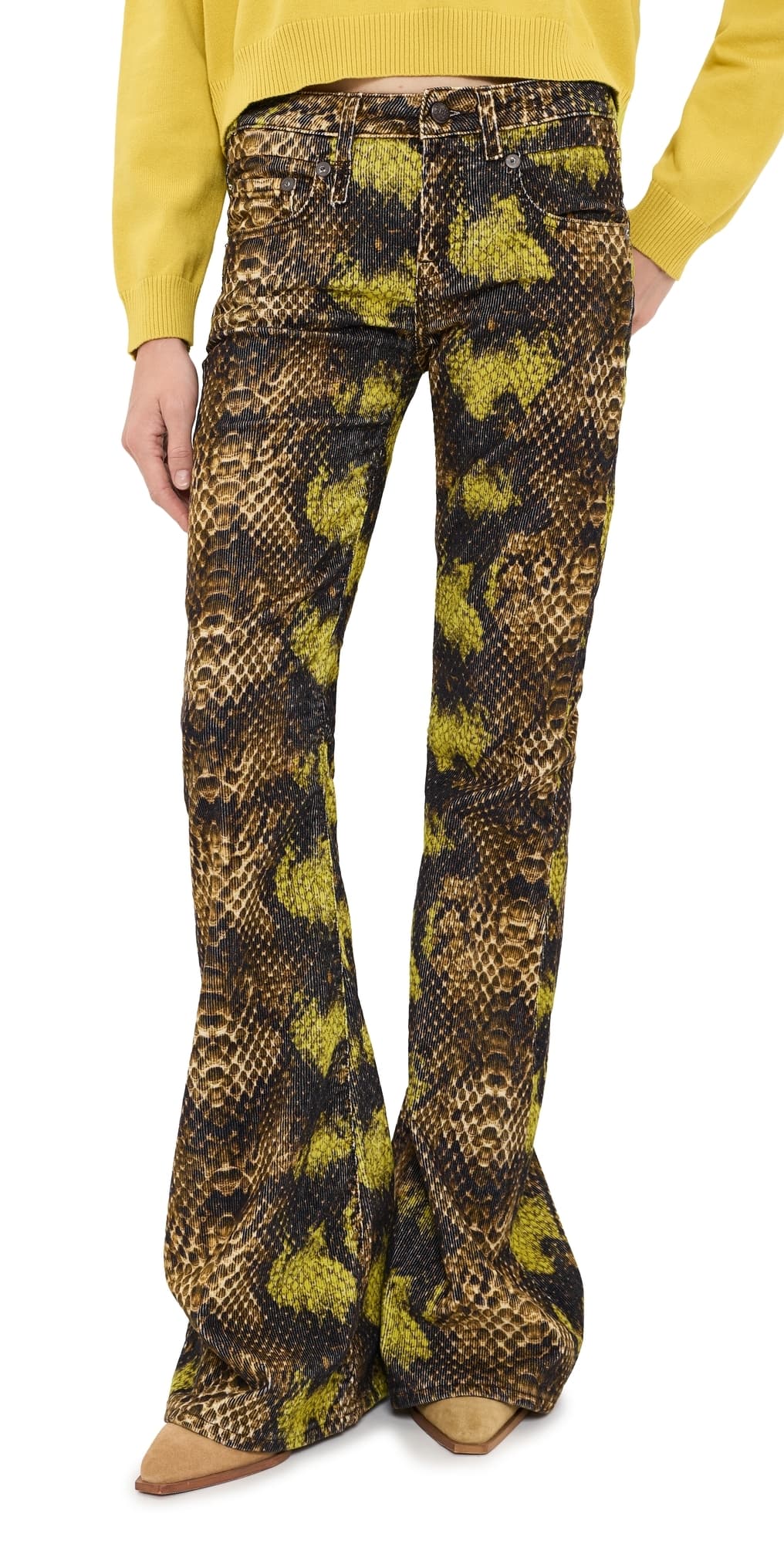 R13 Overflow Boy Corduroy Flare Pants Brown Green Snake Stretch