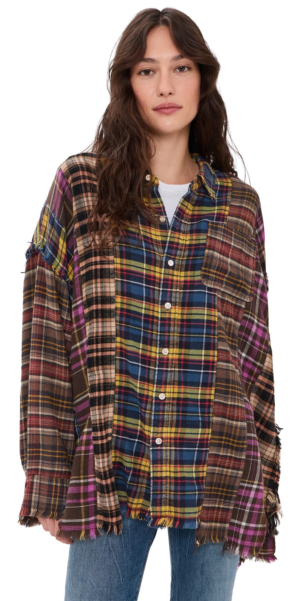R13 Spliced Drop Neck Button Down Shirt Blue Multi Plaid