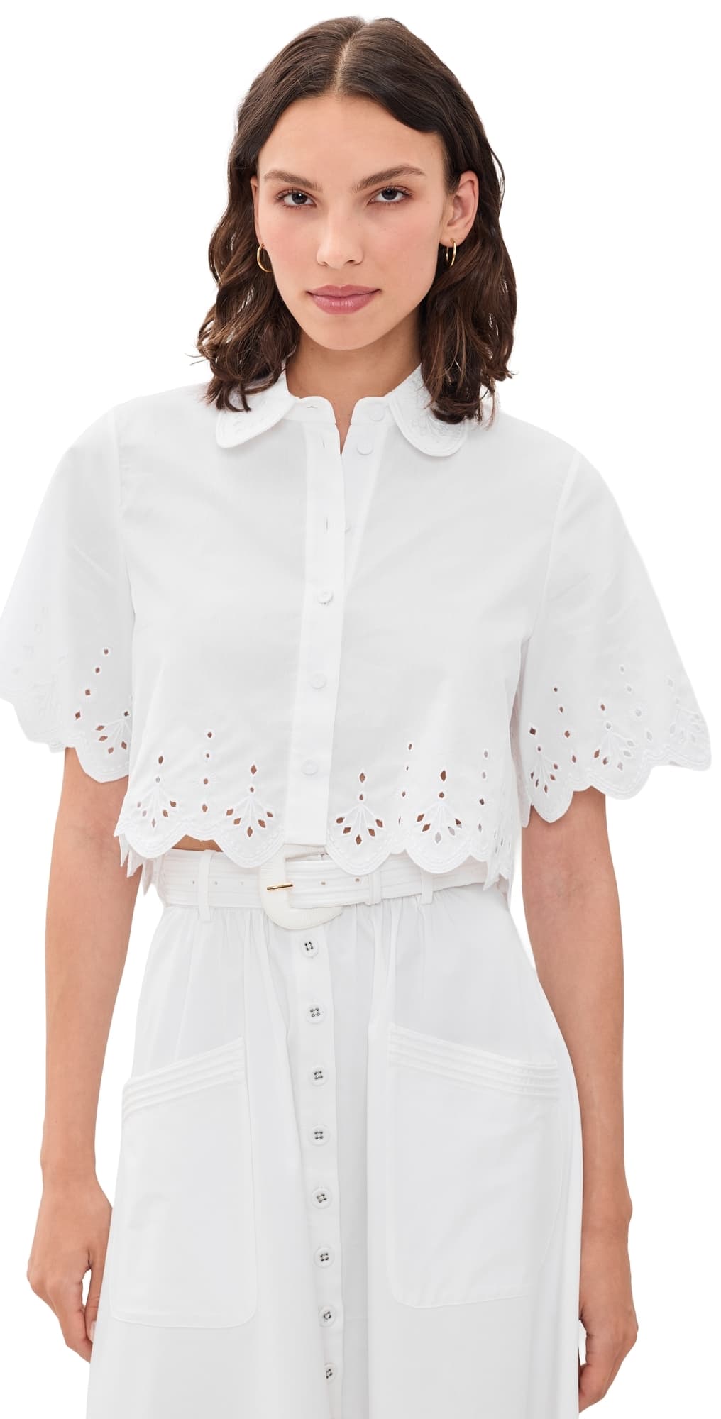 SALONI Dree Crop Button Down Shirt White/Ray Broderie