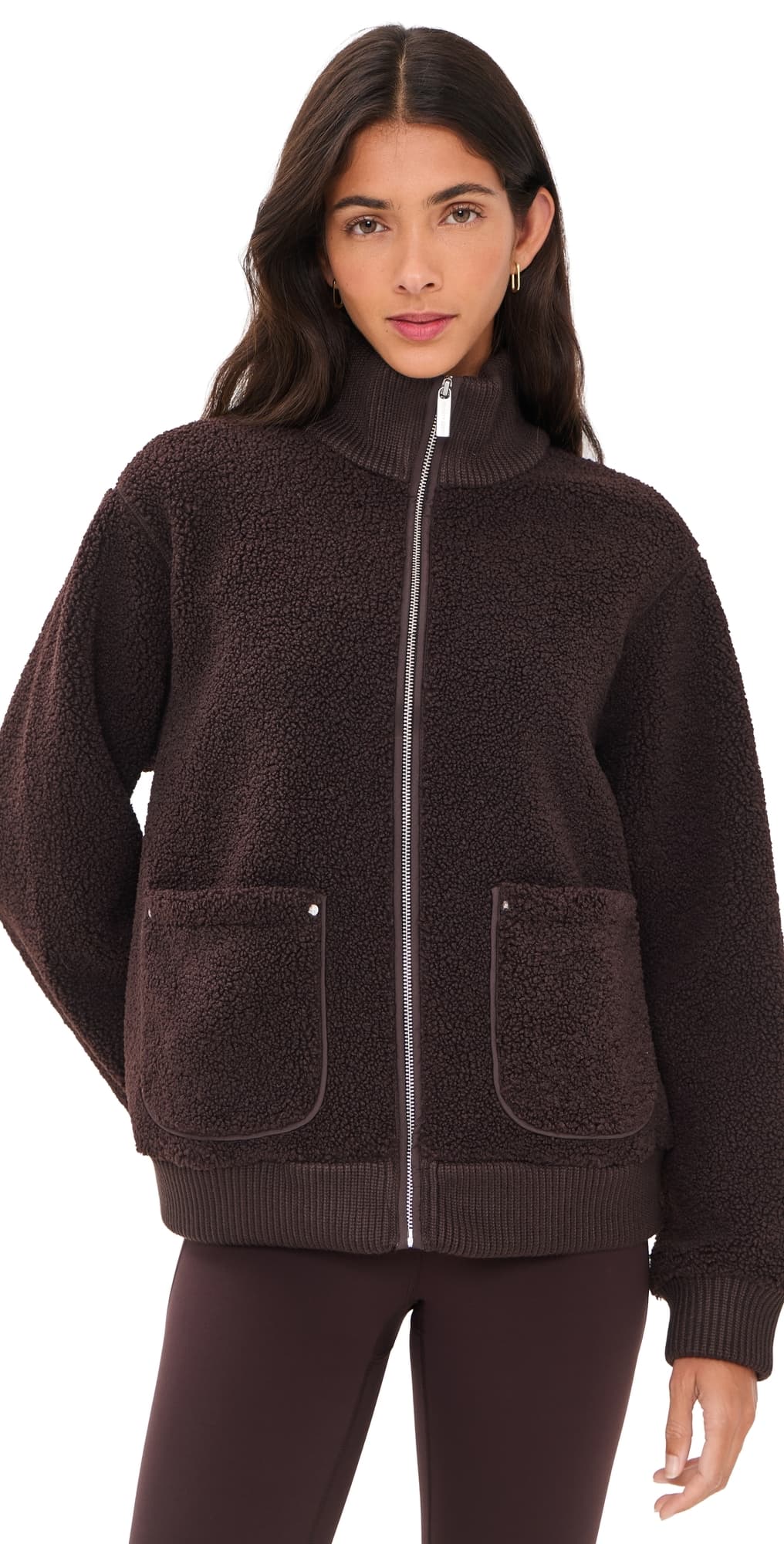 Sweaty Betty Plush Fleece Ribbed Zip Up Sweatshirt Espresso Brown