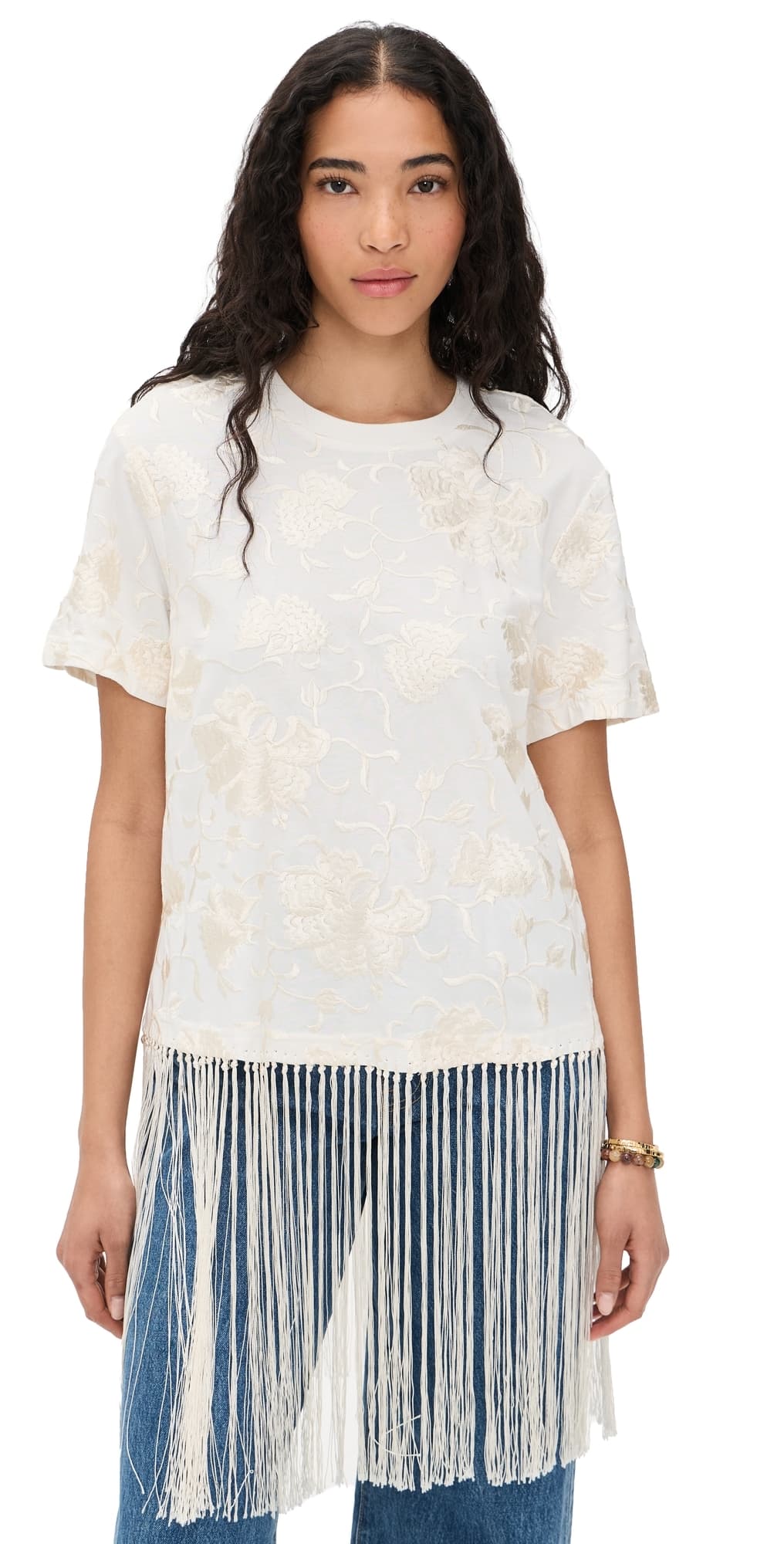 Sea Rafina Eyelet Embellished T-Shirt with Fringe White