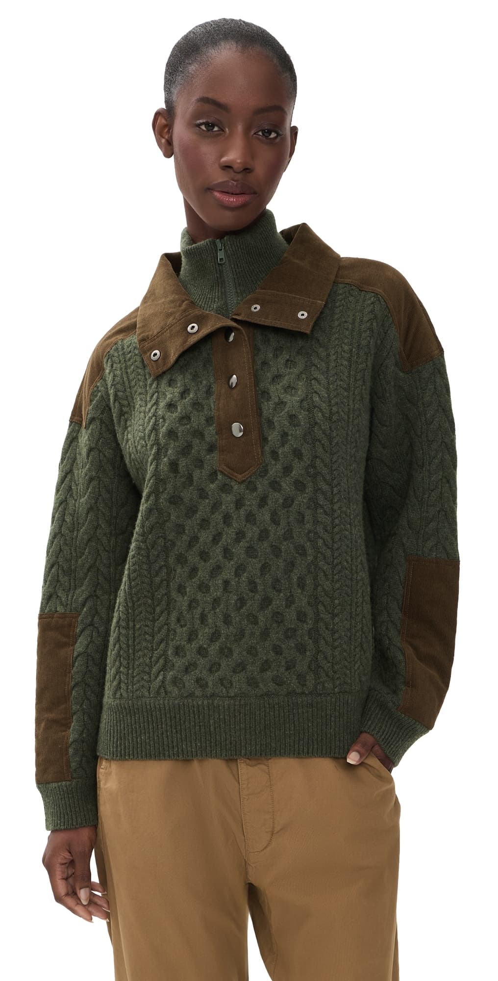 Sea Allen Cable Half Zip Double Layer Sweater Green