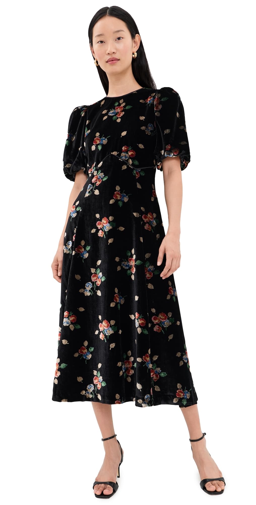 Sea Leda Velvet Puff Sleeve Midi Dress Black