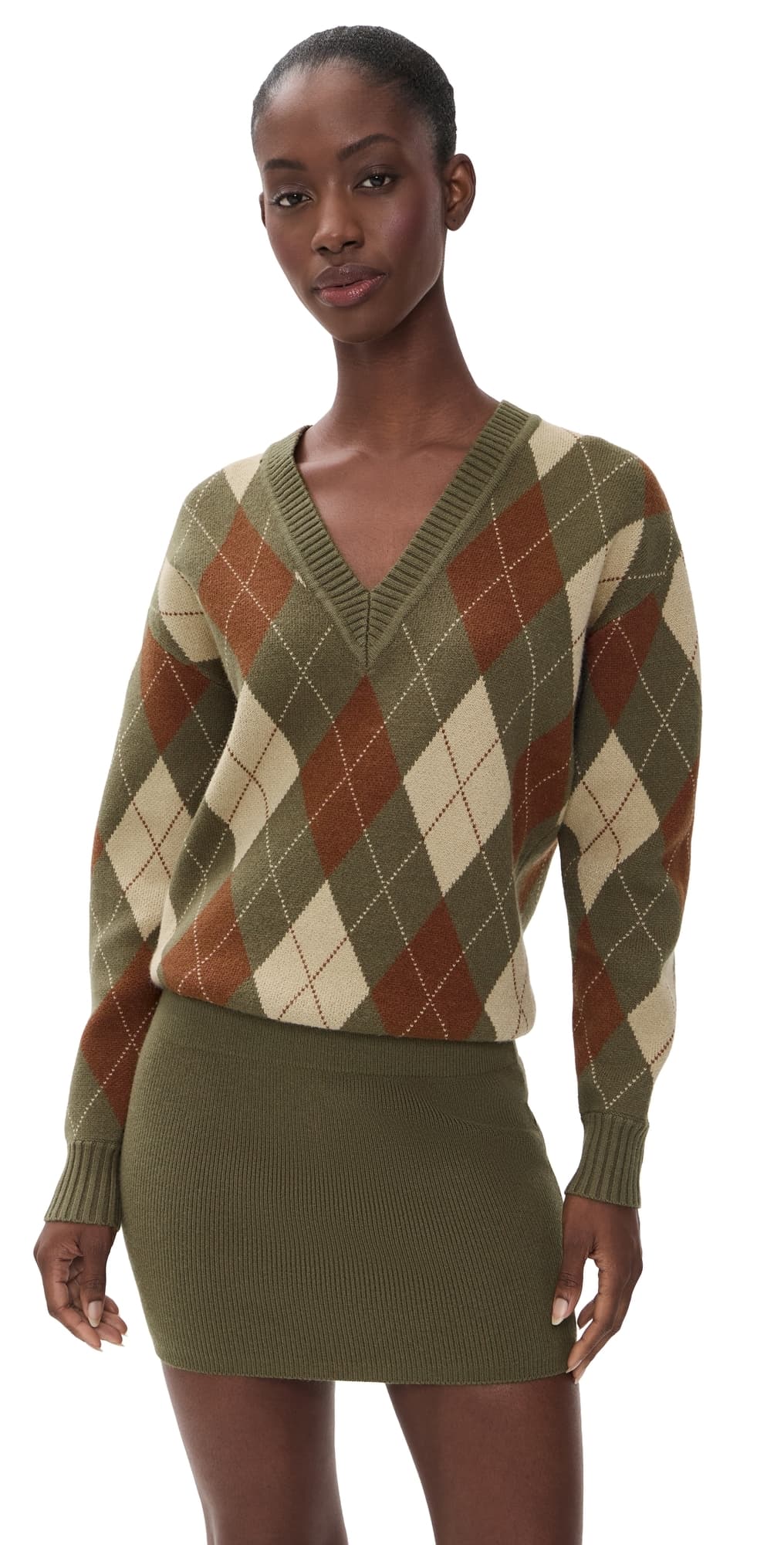 SEROYA Savvy Sweater Dress Olivewood Argyle