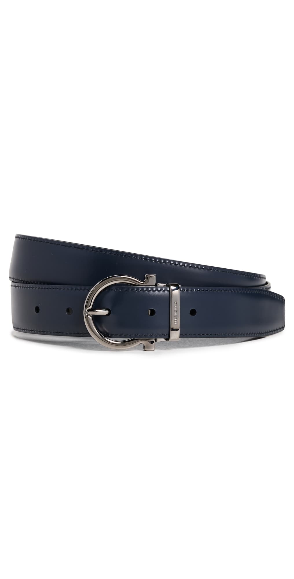 FERRAGAMO Single Gancio Reversible Paloma Leather Belt Nero/Blue Marine