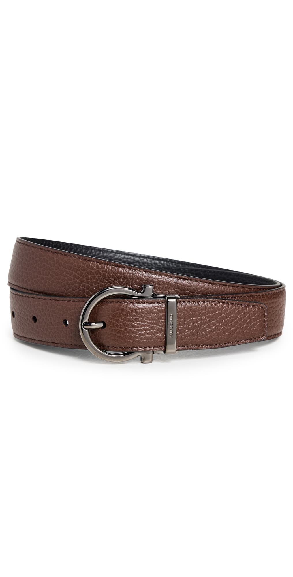 FERRAGAMO Single Gancio Pebbled Leather Belt Cocoa Brown