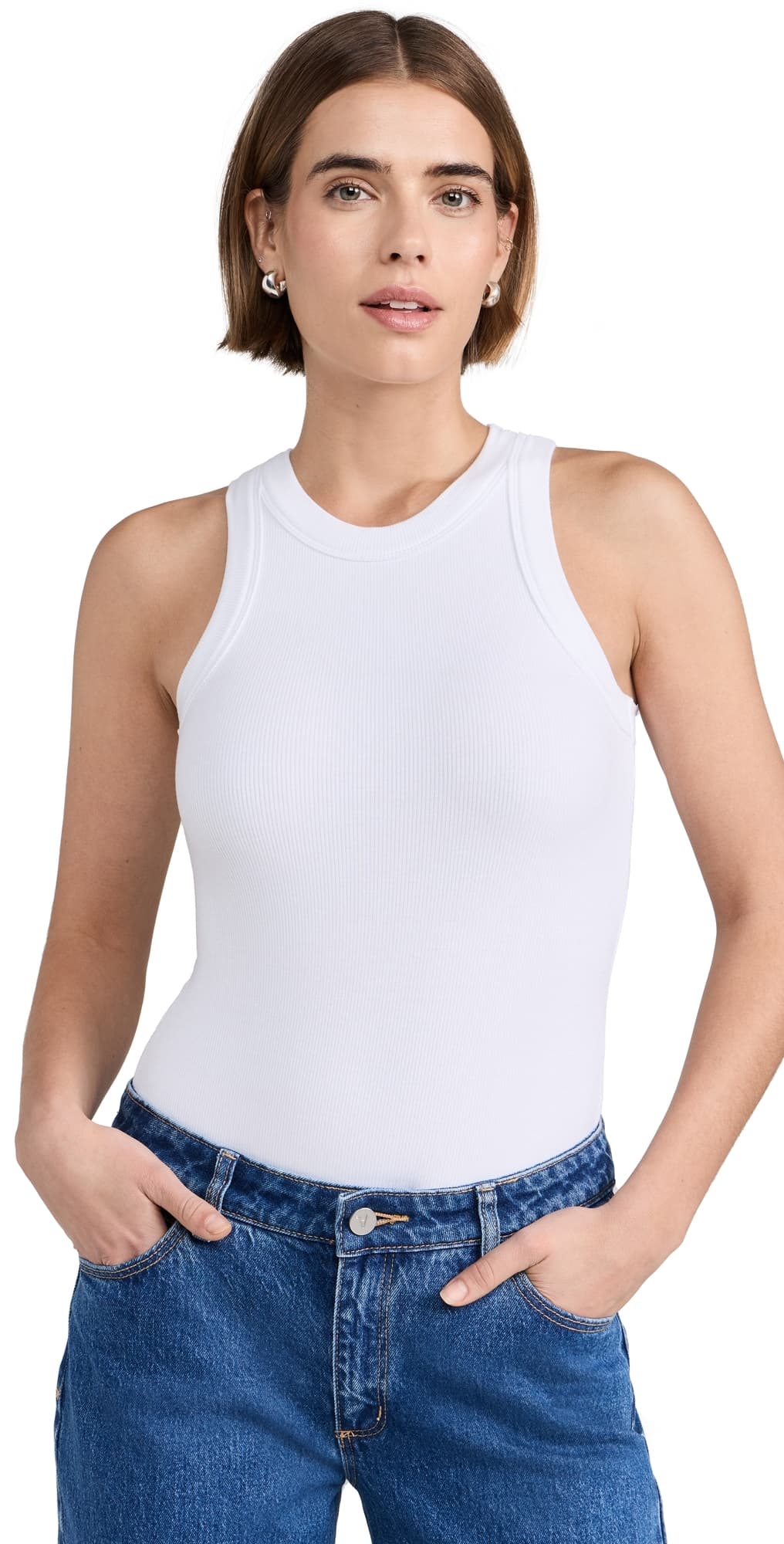 Ambitionist Ali Ribbed Racer Tank Thong Bodysuit White