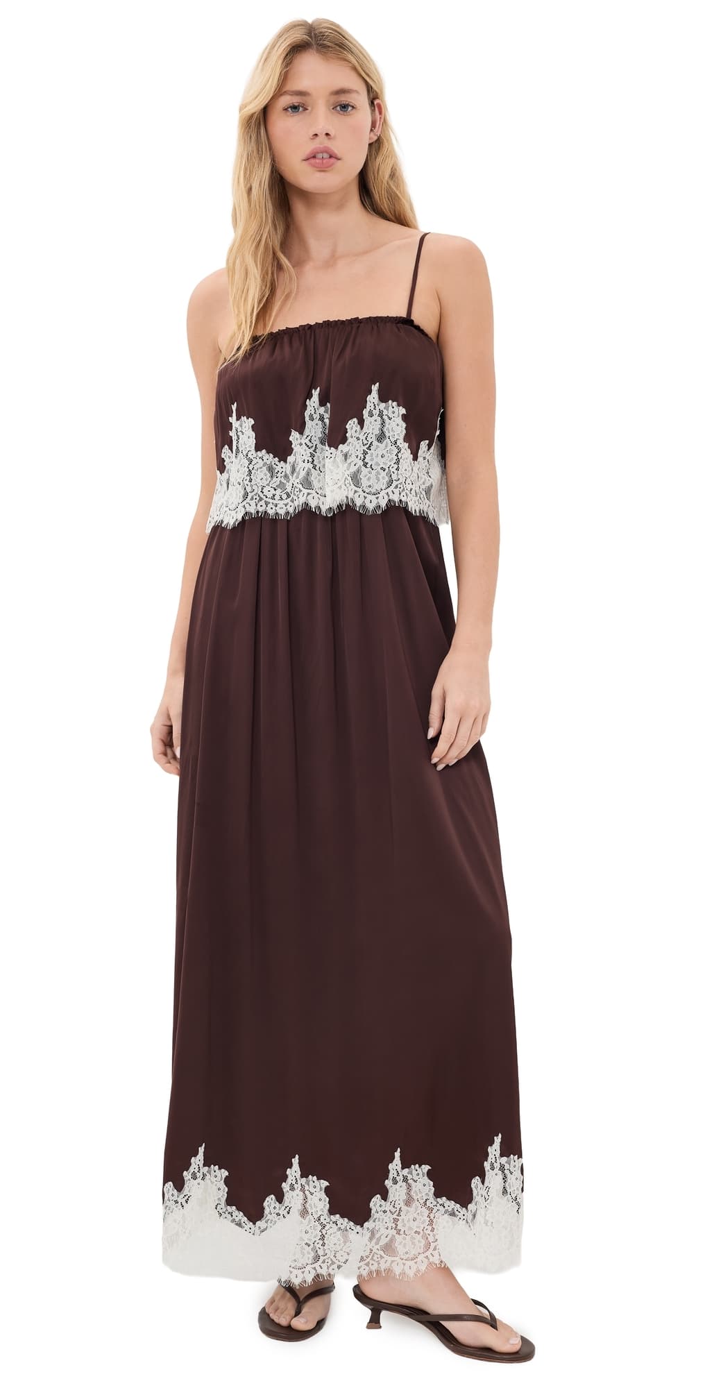 Show Me Your Mumu Emmylou Maxi Dress Chocolate Satin With Lace Trim