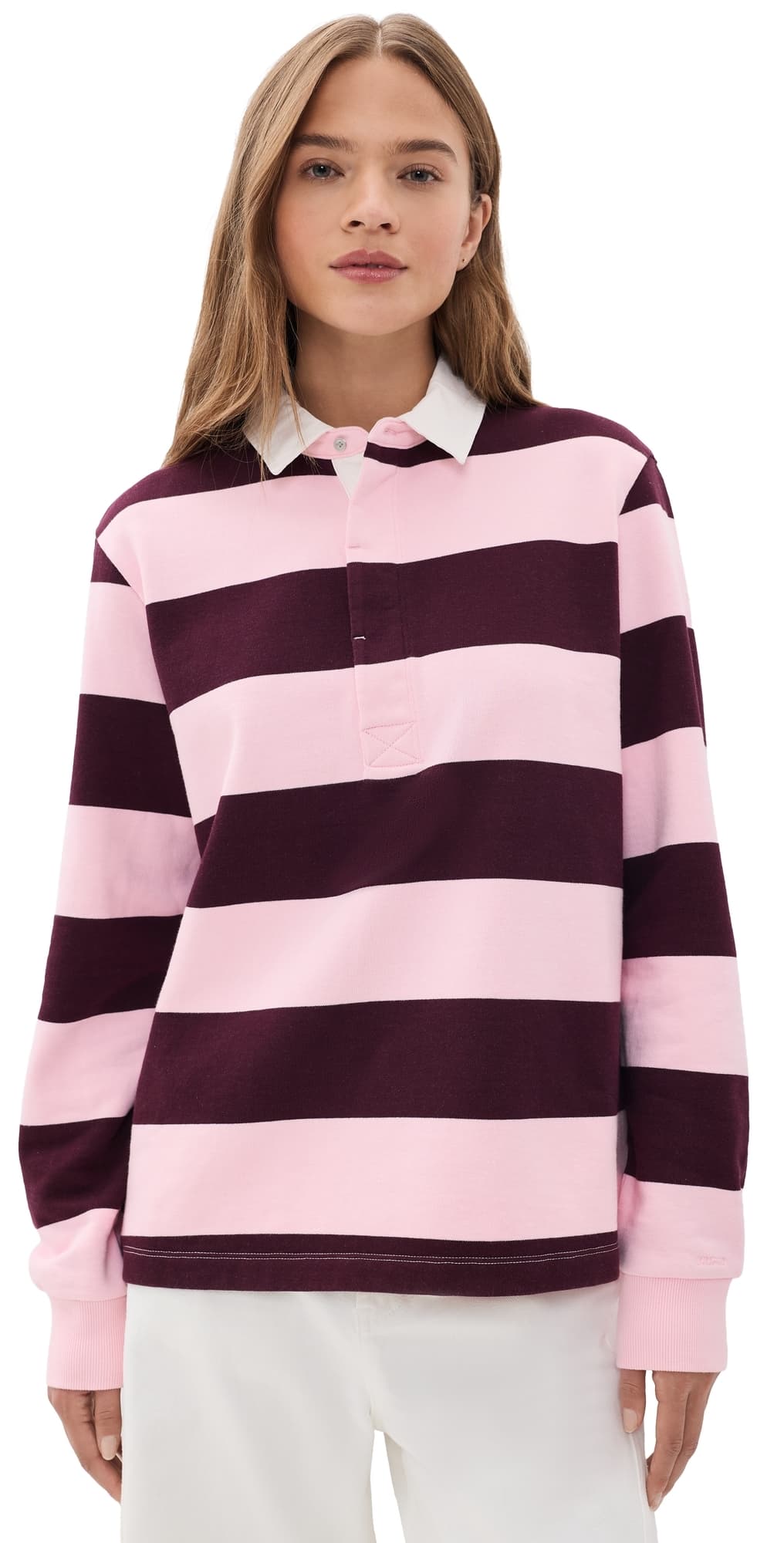SKIMS Long Sleeve Polo Currant Rugby Stripe