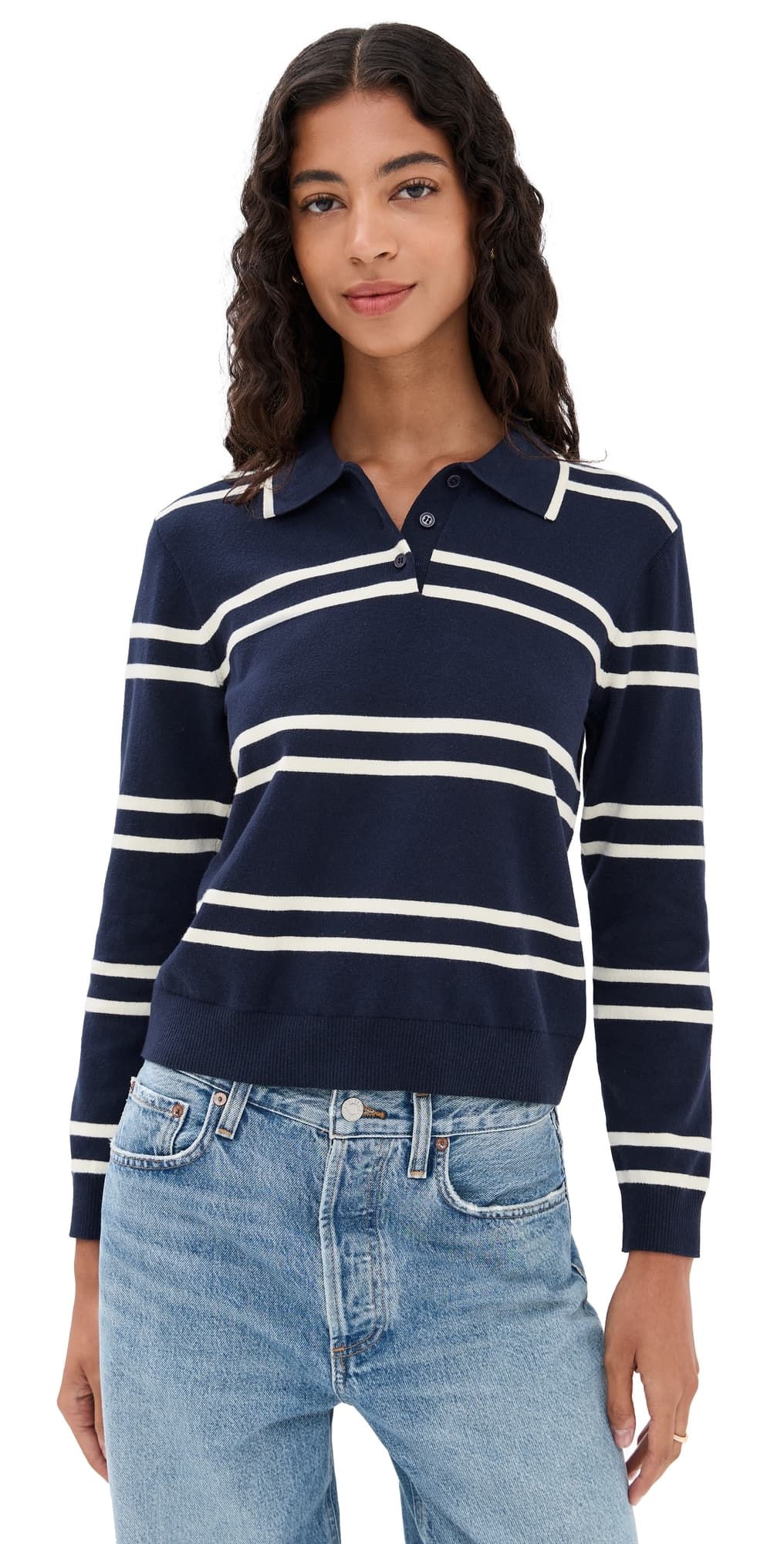 State & Lake Long Sleeve Striped Polo Navy/White