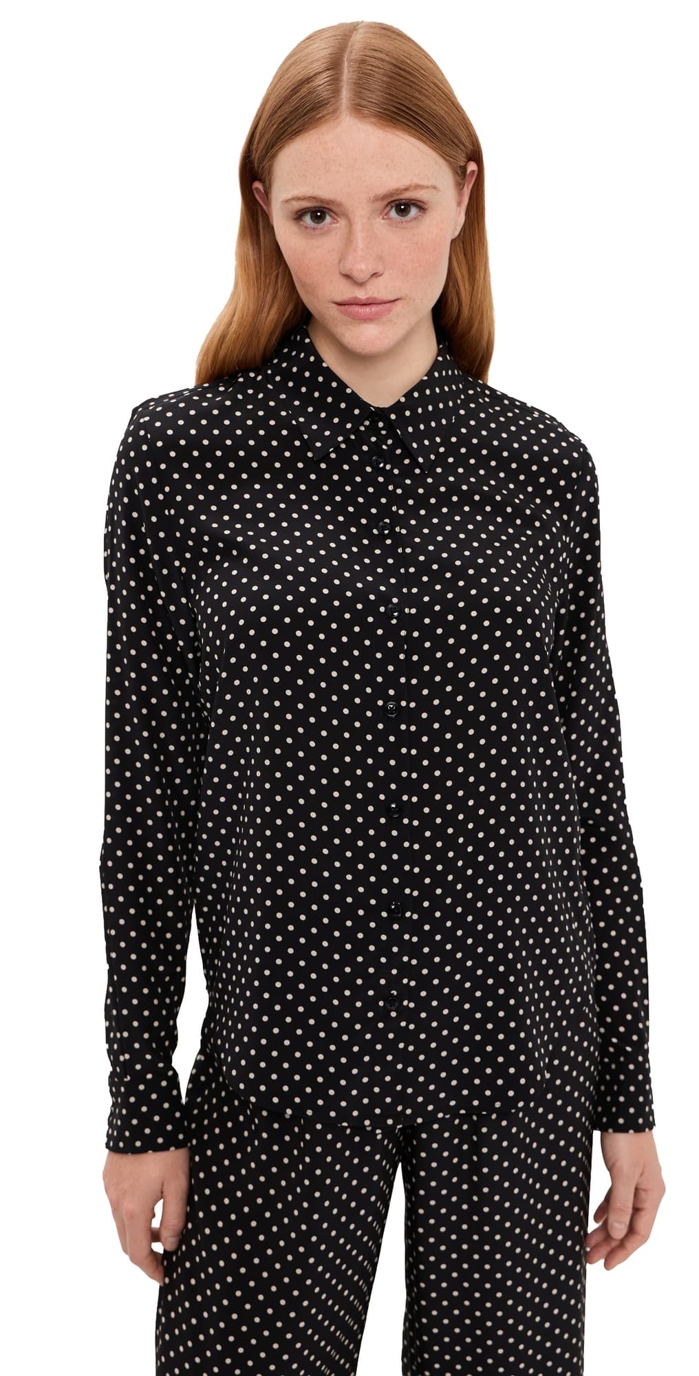 SPRWMN Fitted Silk Button Down Shirt Black Polka Dot