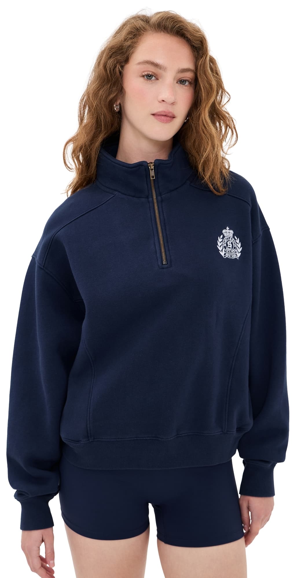 Sporty & Rich NY Crest Embroidered Quarter Zip Dark Navy