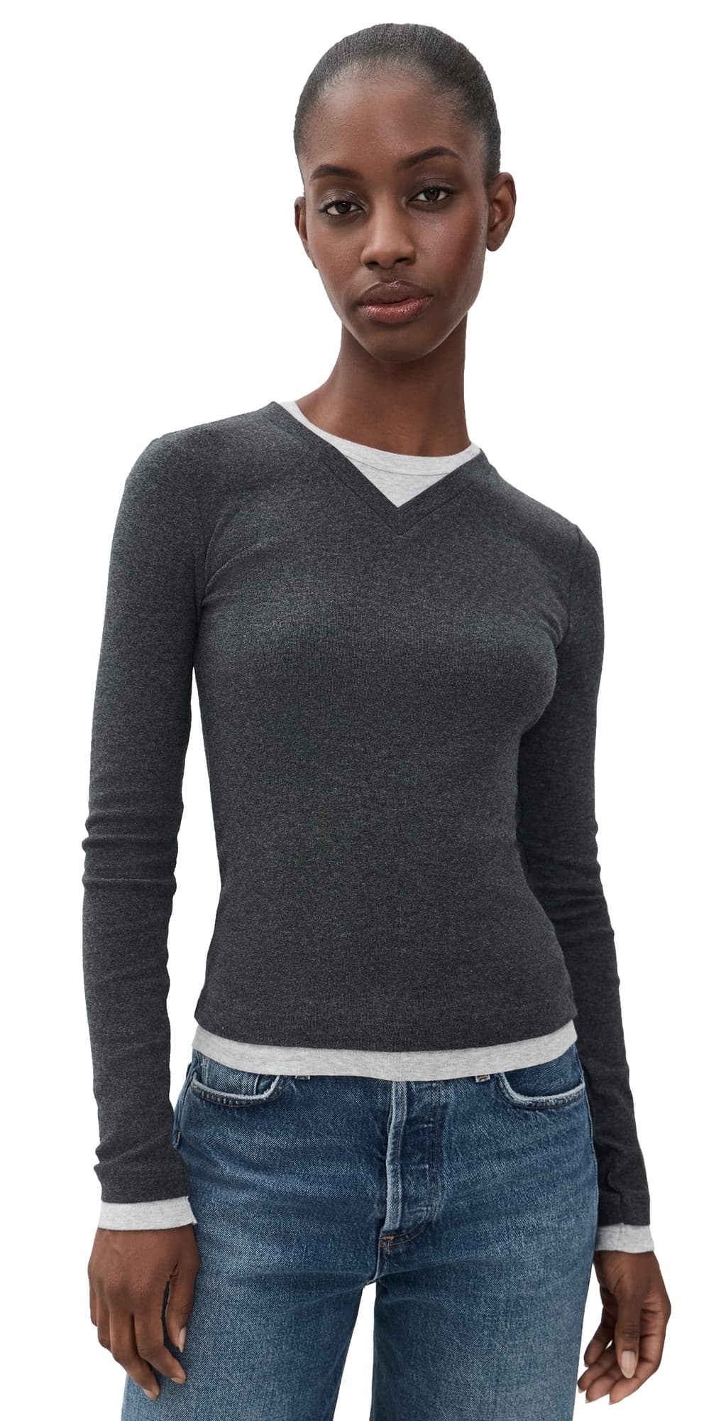St. Agni Organic Cotton V Neck Long Sleeve Top Charcoal Melange