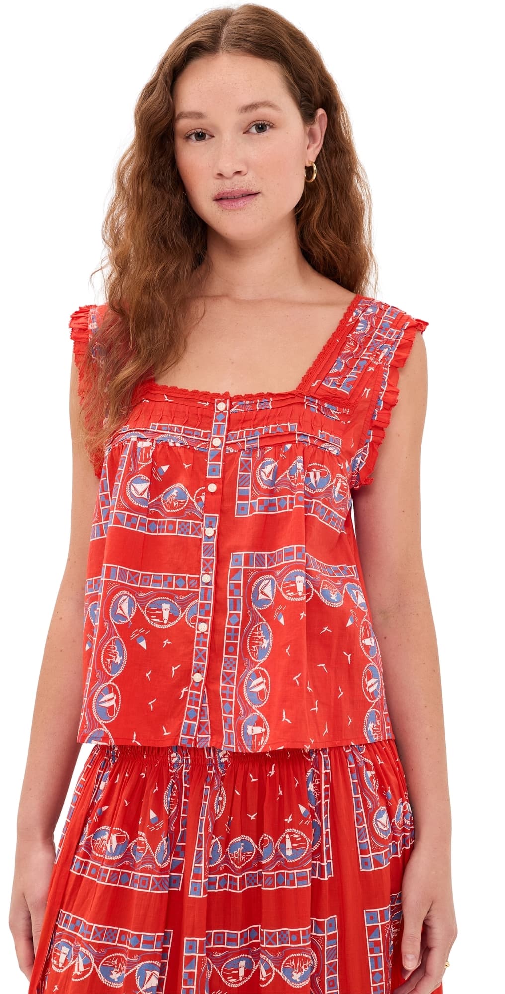THE GREAT. The Victorian Pleat Tank Top Red Sailboat Bandana
