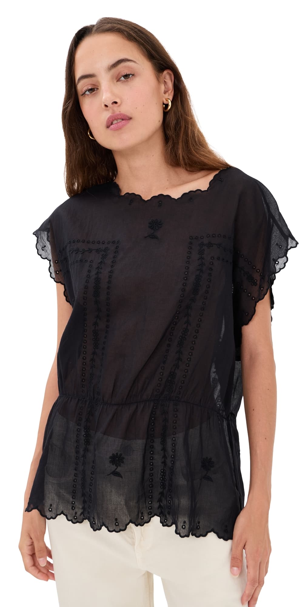 THE GREAT. The Scalloped Eyelet Tunic Black