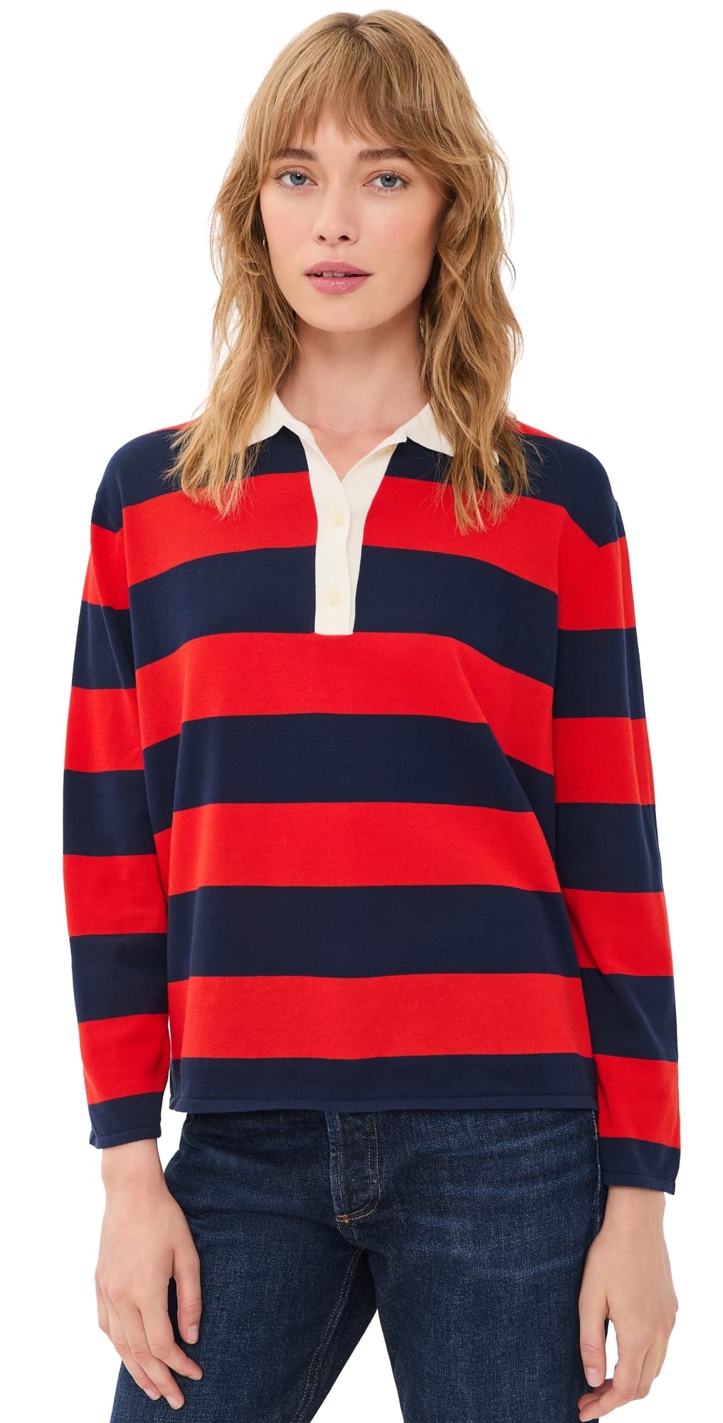 THE GREAT. The Academy Polo Sweater Hot Red League Stripe