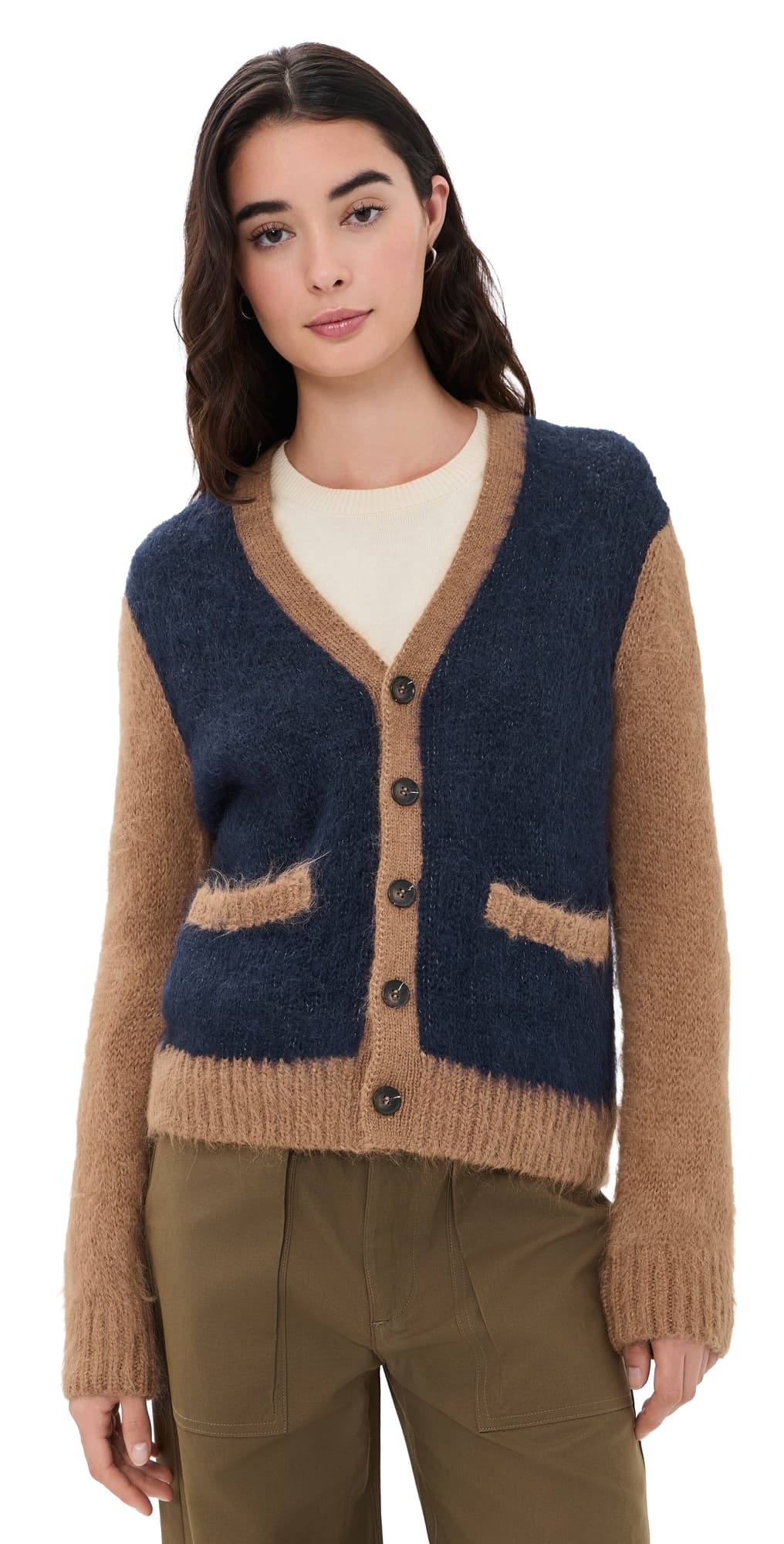 THE GREAT. The Wellington Alpaca Cardigan Navy And Tan