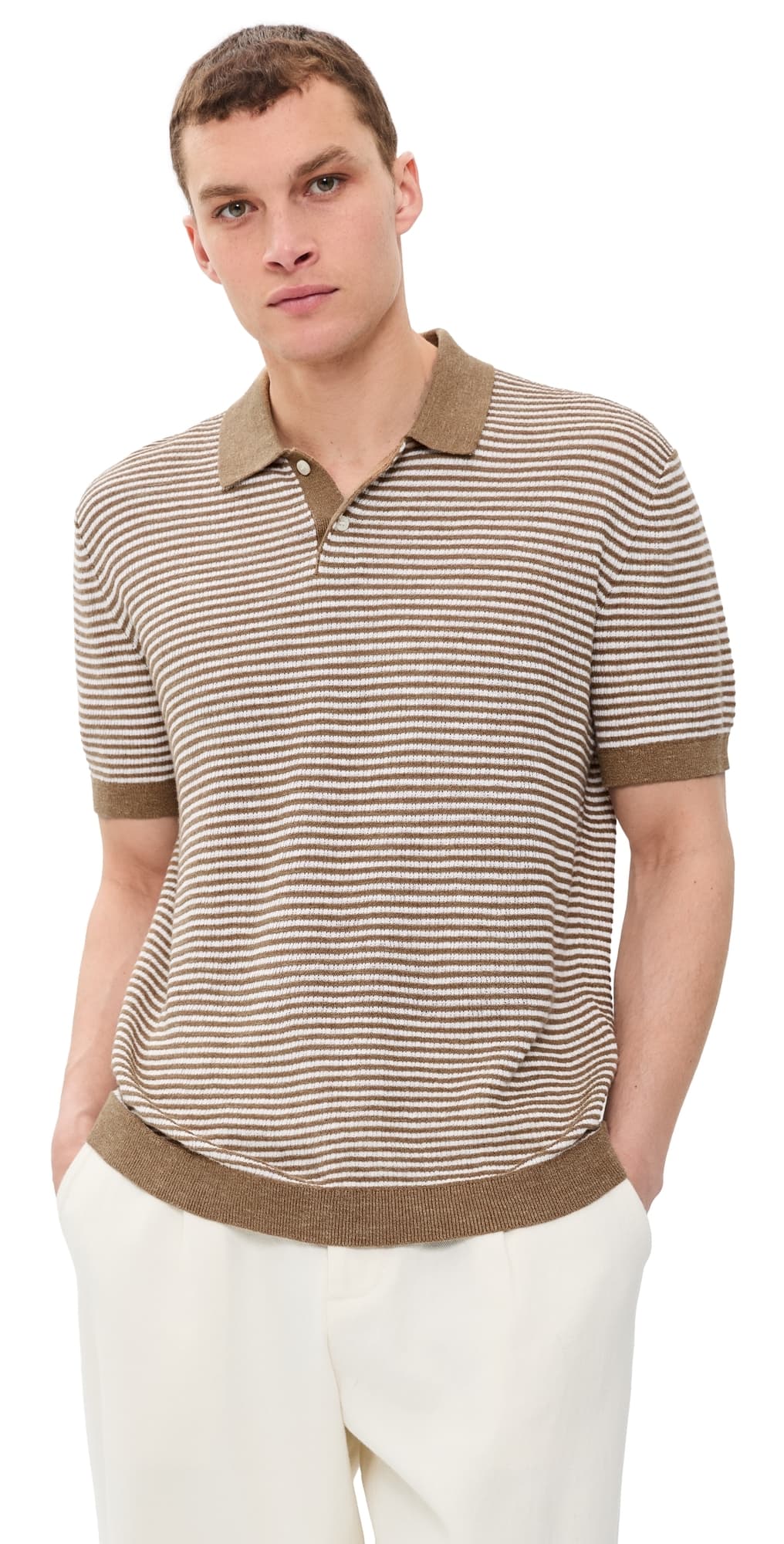 Theory Striped Polo In Pacific Linen Fresh Khaki/Winter Ivory