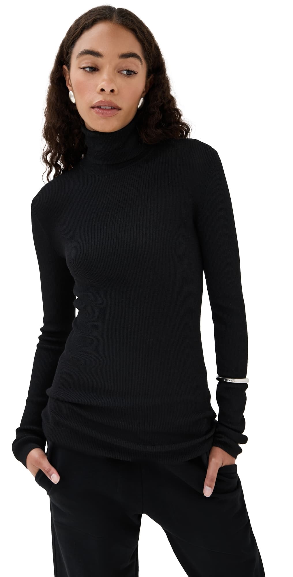 Tibi Feather Weight Ribbed Sweater Turtle Neck Pullover Black