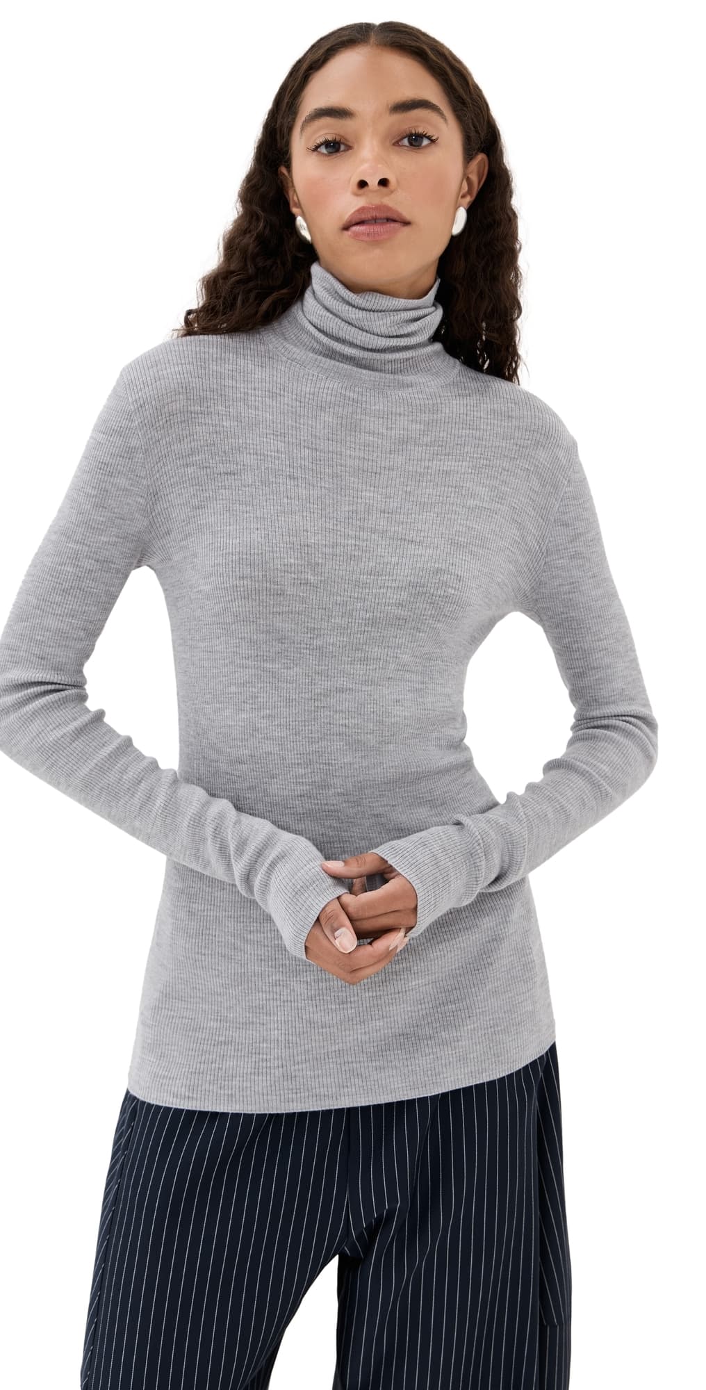 Tibi Feather Weight Ribbed Sweater Turtle Neck Pullover Heather Grey